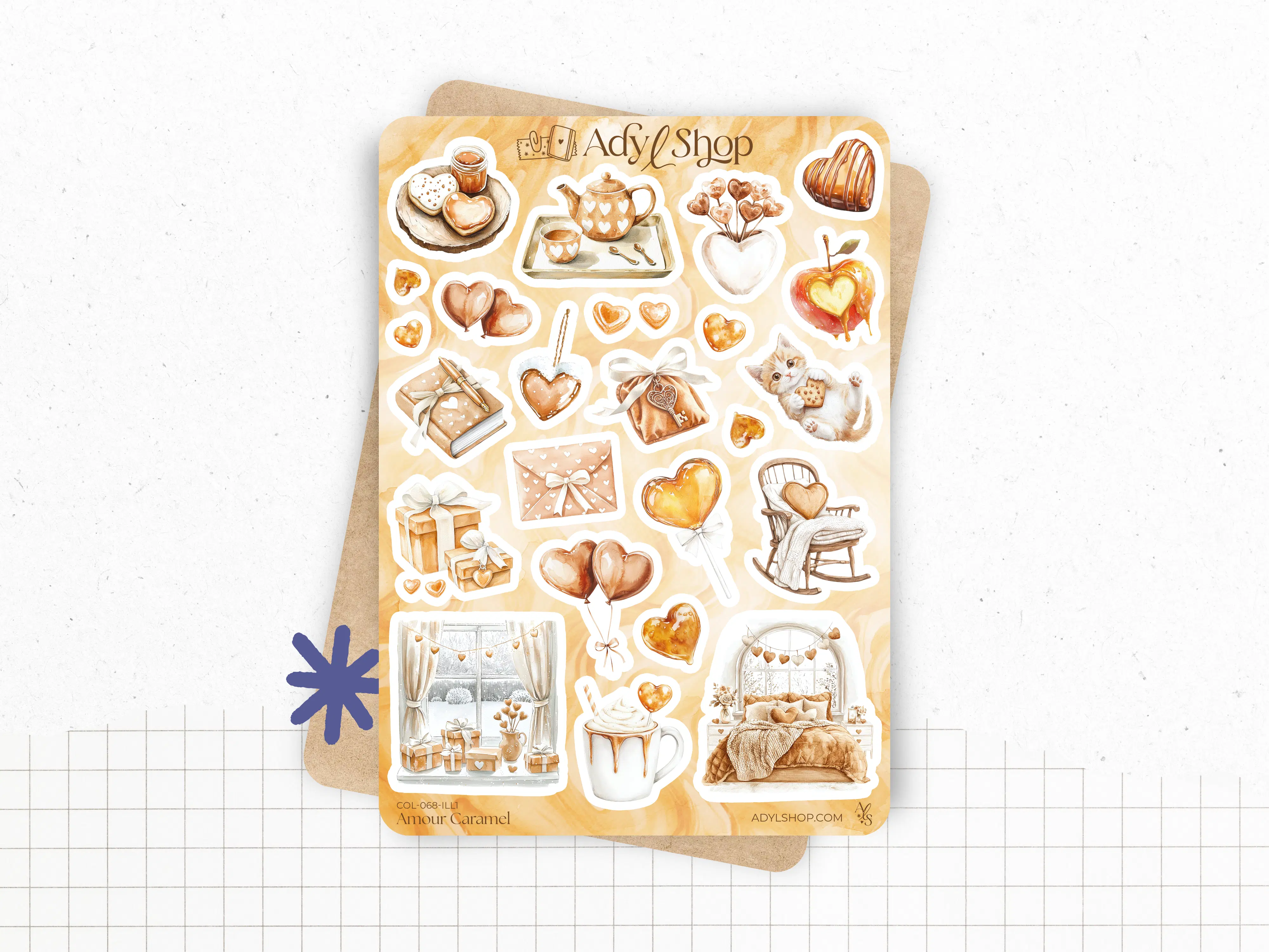 Planches de stickers "Amour Caramel" - Autocollants sur le thème de la gourmandise et de l'amour : bonbon, Saint-Valentin - Bullet Journal & Planner