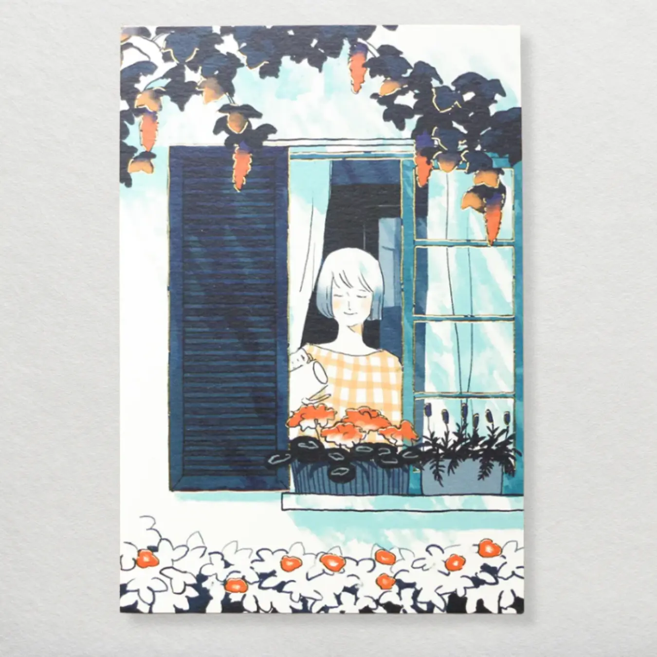 Postcard – Watering plants by the Window by Sayuri Fujimaki