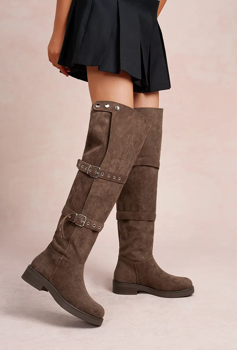 Thigh-high flat suede boots with multiple straps and eyelets (Ref: HQ500)
