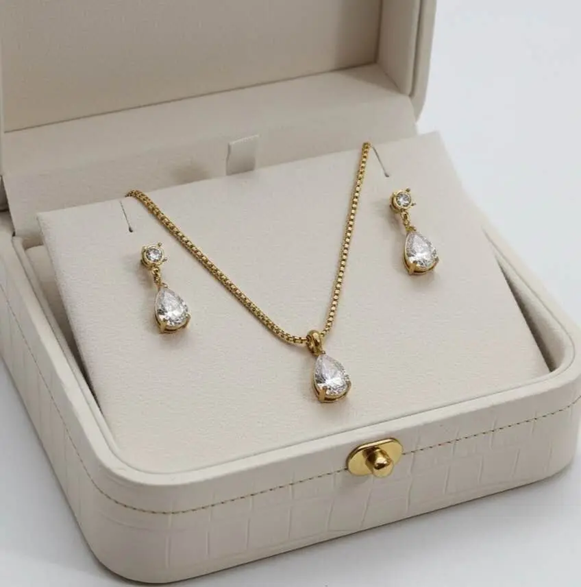 Jewelry set: choker with cubic zirconia drop pendant and stainless steel hoop earrings, 18K gold PVD waterproof