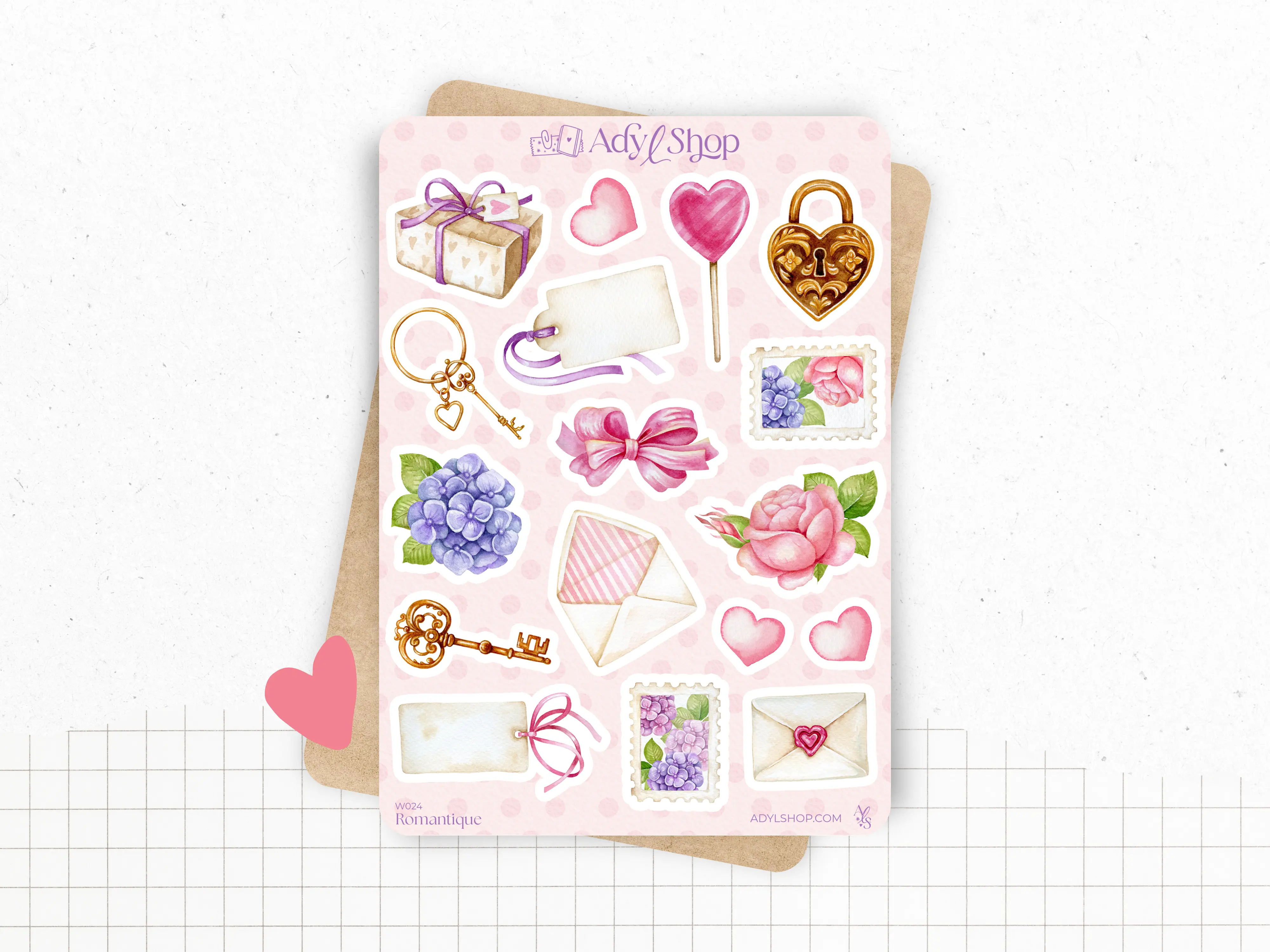 Planches Stickers "Romantique" - Autocollants sur le thème de l'amour et du romantisme - Saint Valentin, fleurs - Bullet Journal / Planner