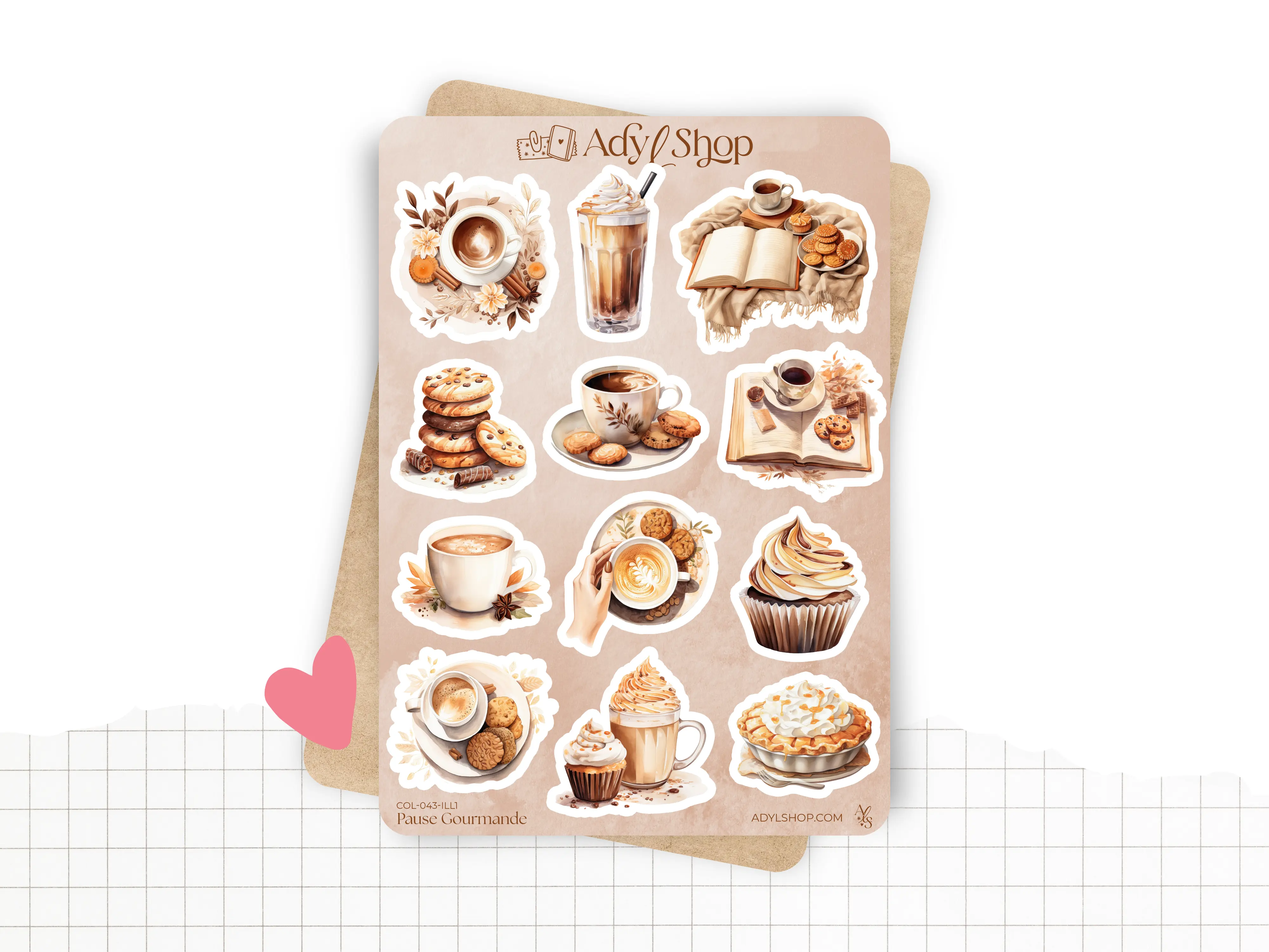 Planches de Stickers "Pause Gourmande" - Autocollants sur le thème de la gourmandise, café, chocolat, cupcake, cozy - Bullet Journal/Planner