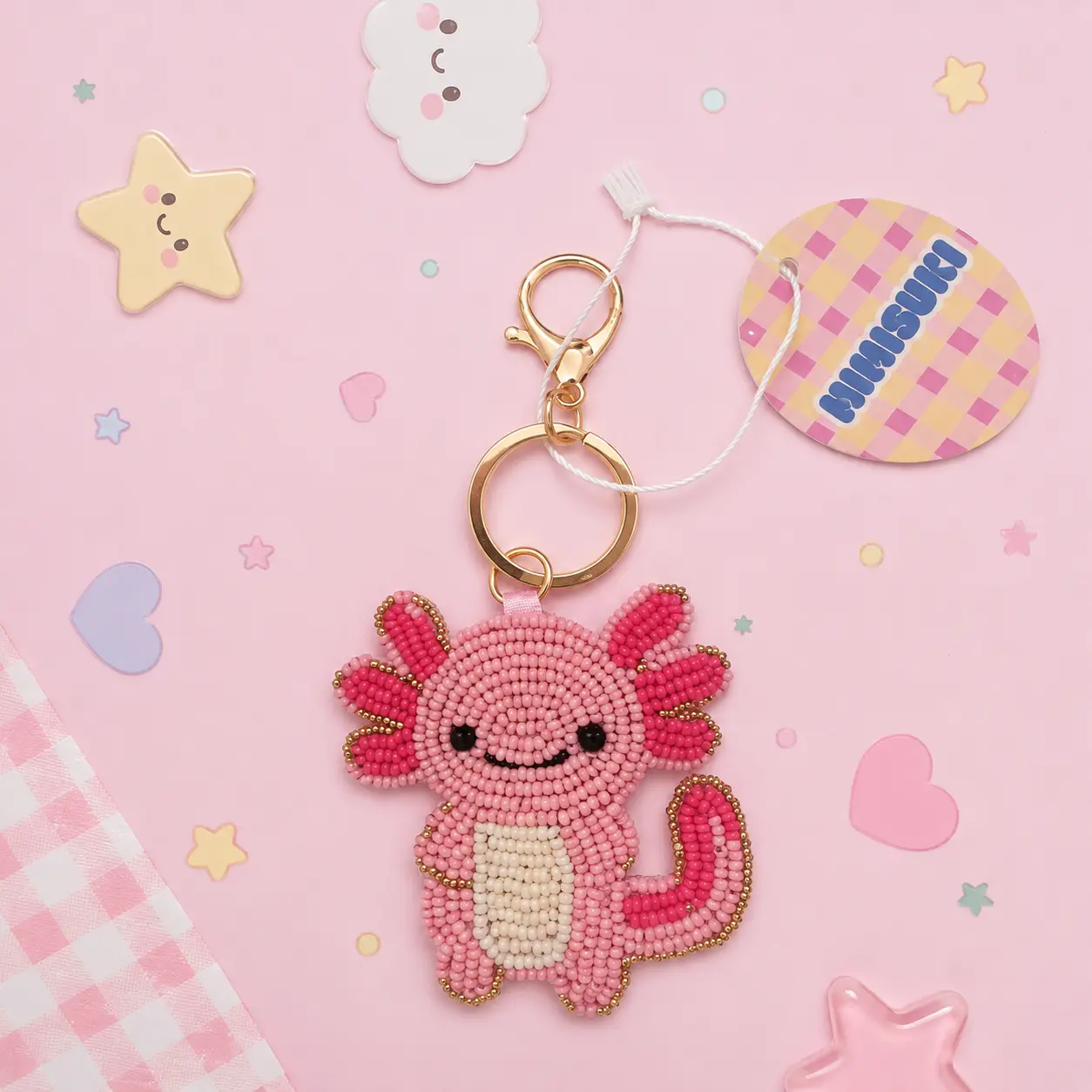 Porte-clés bijou de sac Axolotl Kawaii - perles brodées