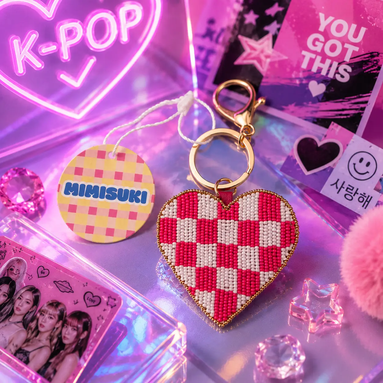 Porte-clés bijou de sac Coeur Rose K-pop - perles brodées