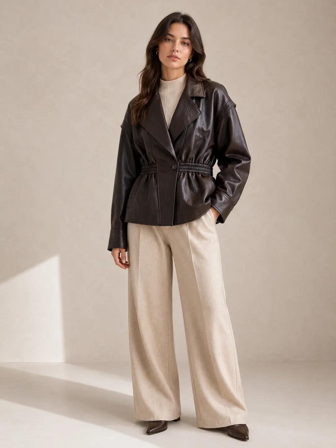 Veste effet cuir à taille élastiquée et grand col à revers