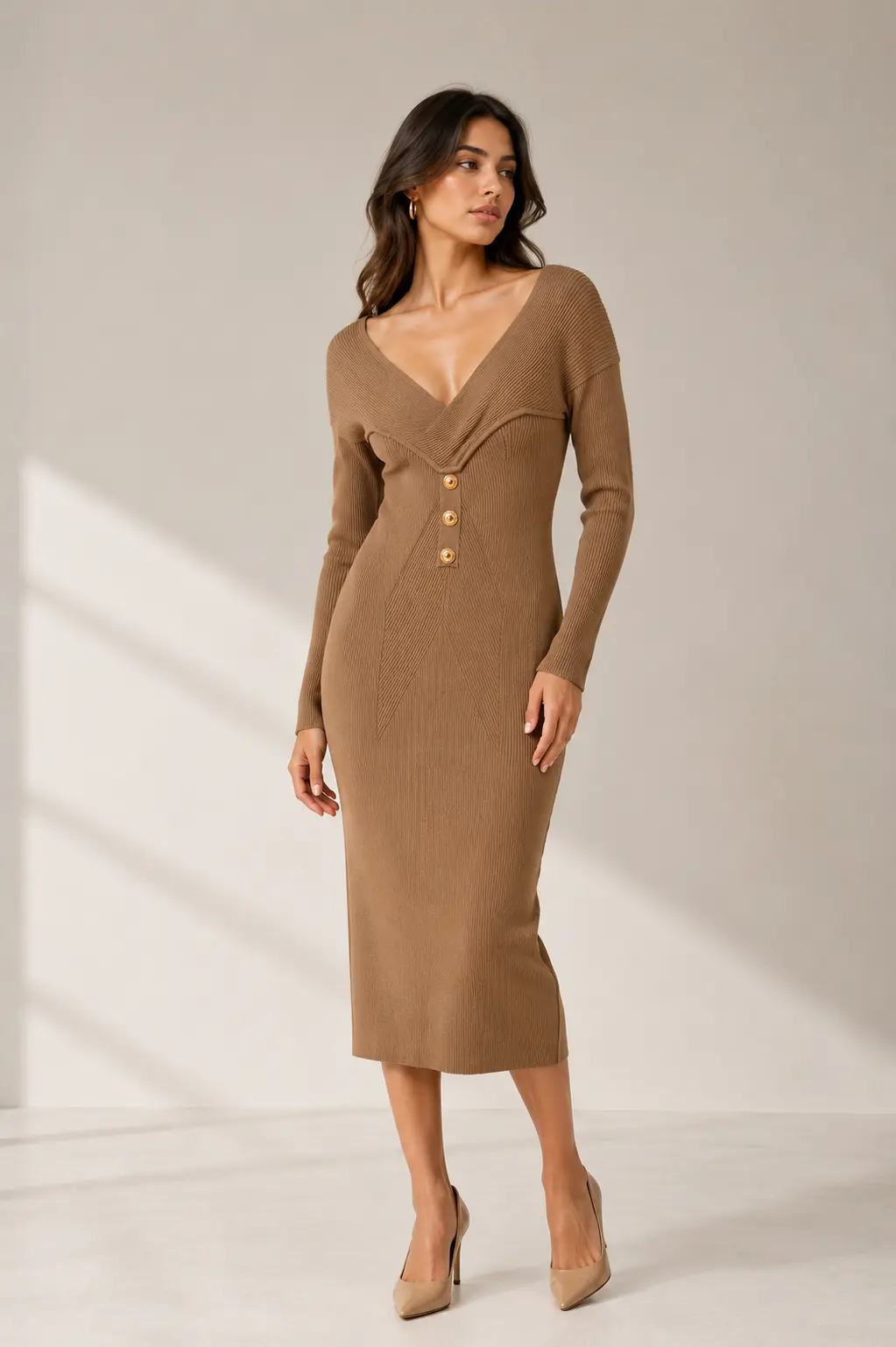 Robe longue en maille côtelée à col V et boutons décoratifs