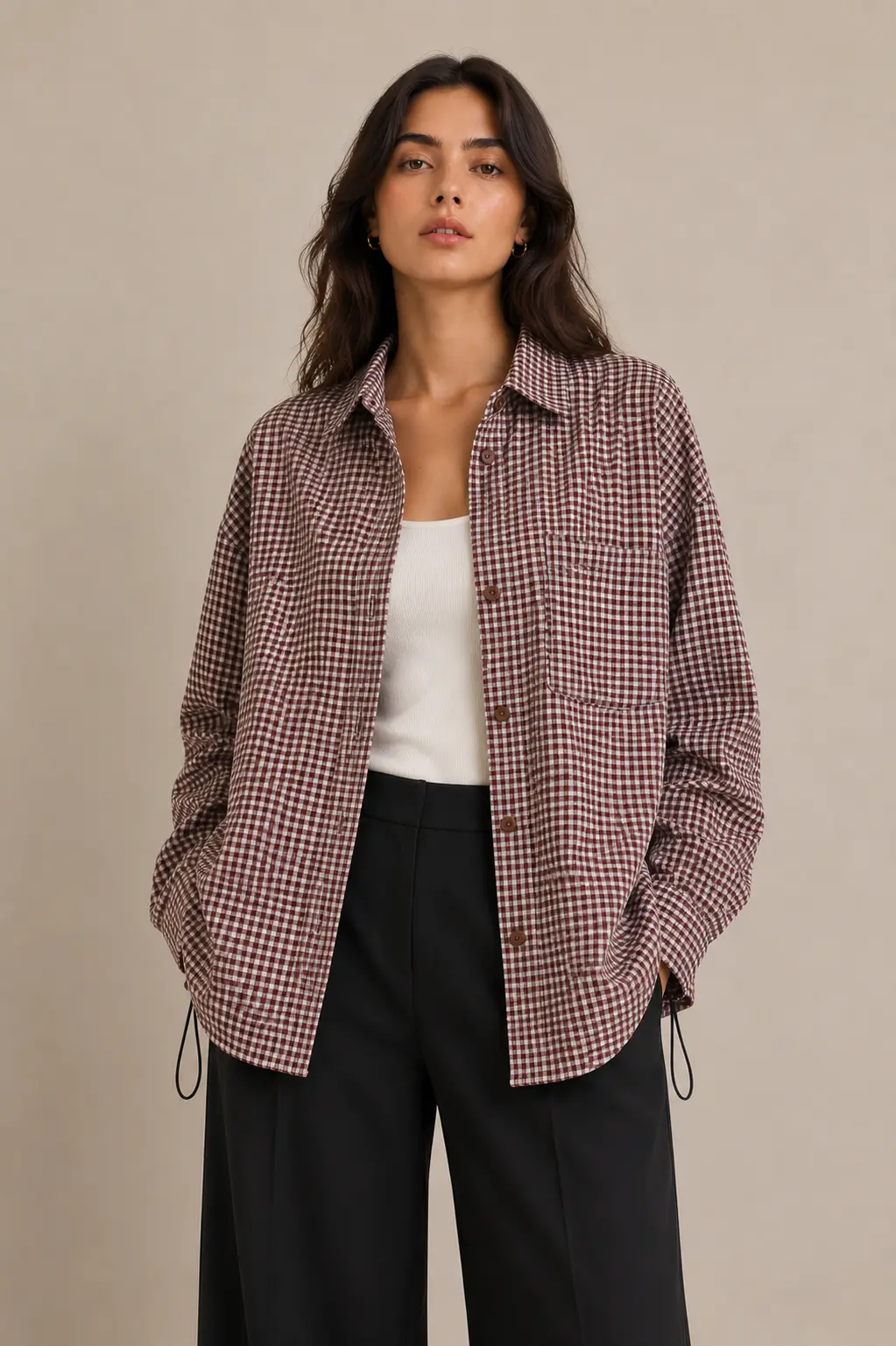 Chemise à carreaux coupe ample avec poches poitrine et liens de serrage