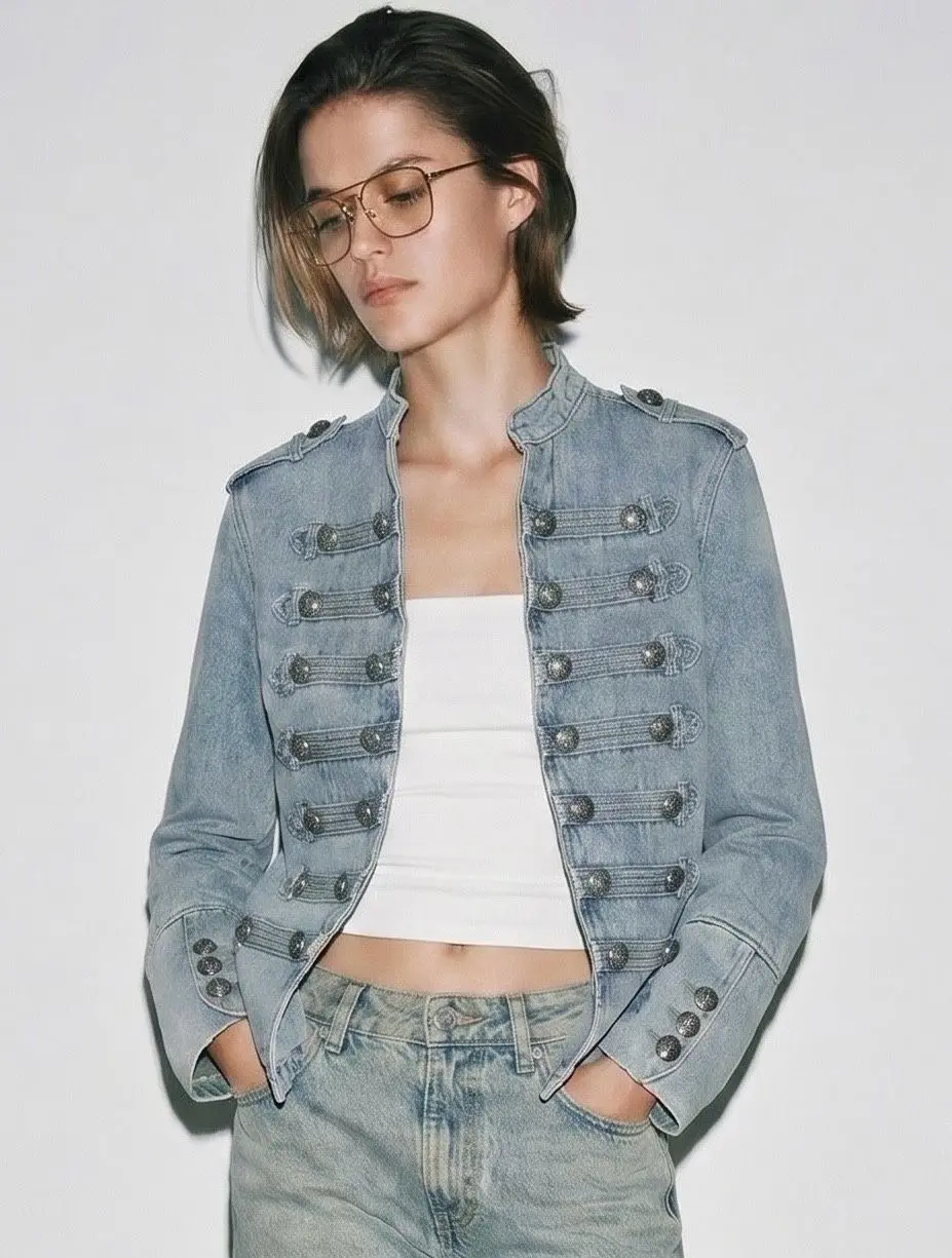 Veste en jean style officier à boutons décoratifs