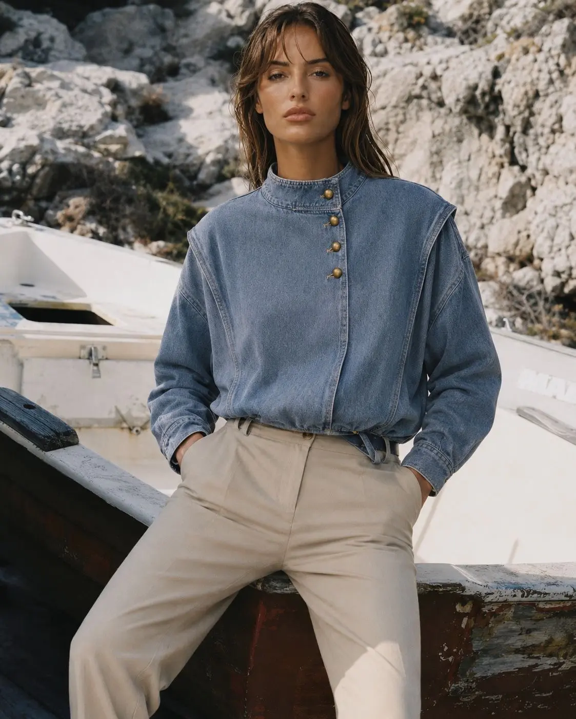 Veste en jean à col montant avec épaules structurées et boutons