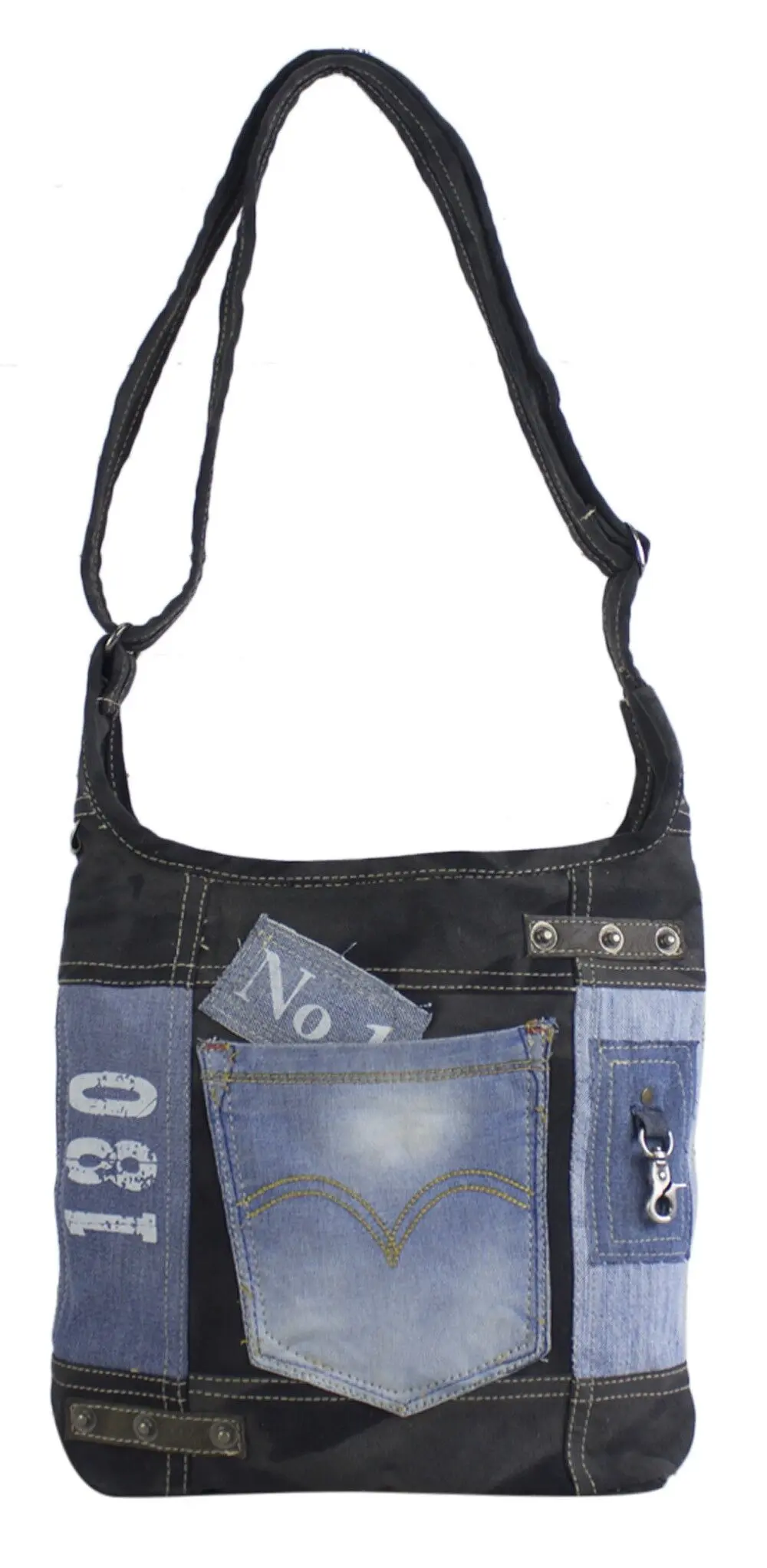 Sunsa Hobo-Tasche Beutel Bag aus Jeansstoff und Canvas (Segeltuch). Damen/ Mädchen Umhängetasche mit verstellbarem Henkel. Leichte große Stofftasche mit Reißverschluss schwarz
