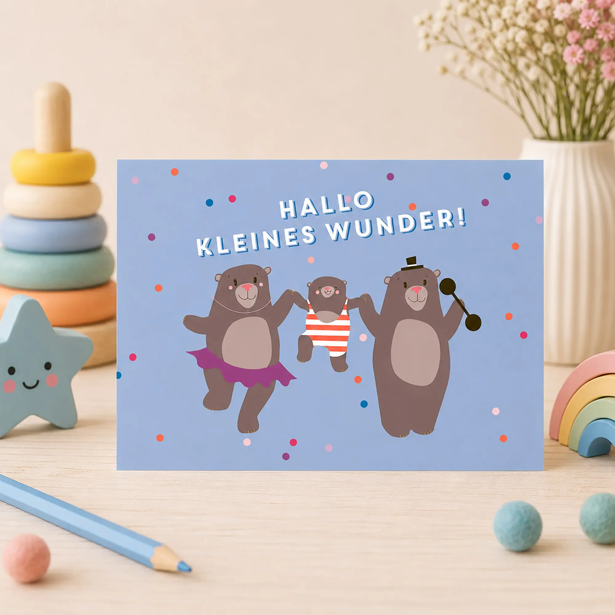 Karte zur Geburt „Hallo kleines Wunder“ – Baby Karte Junge mit Bären