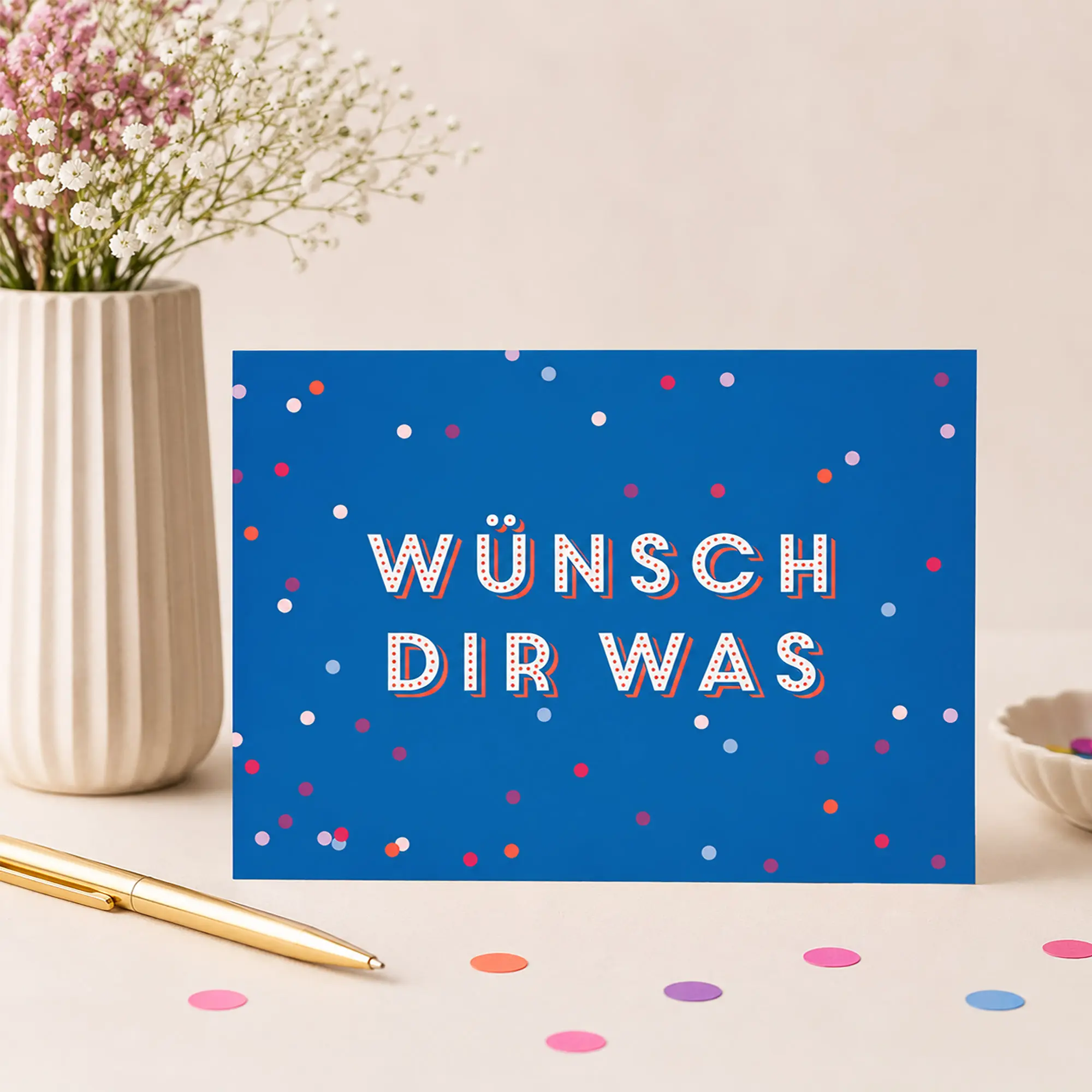 Postkarte Geburtstag „Wünsch dir was“ – moderne Geburtstagskarte mit Konfetti