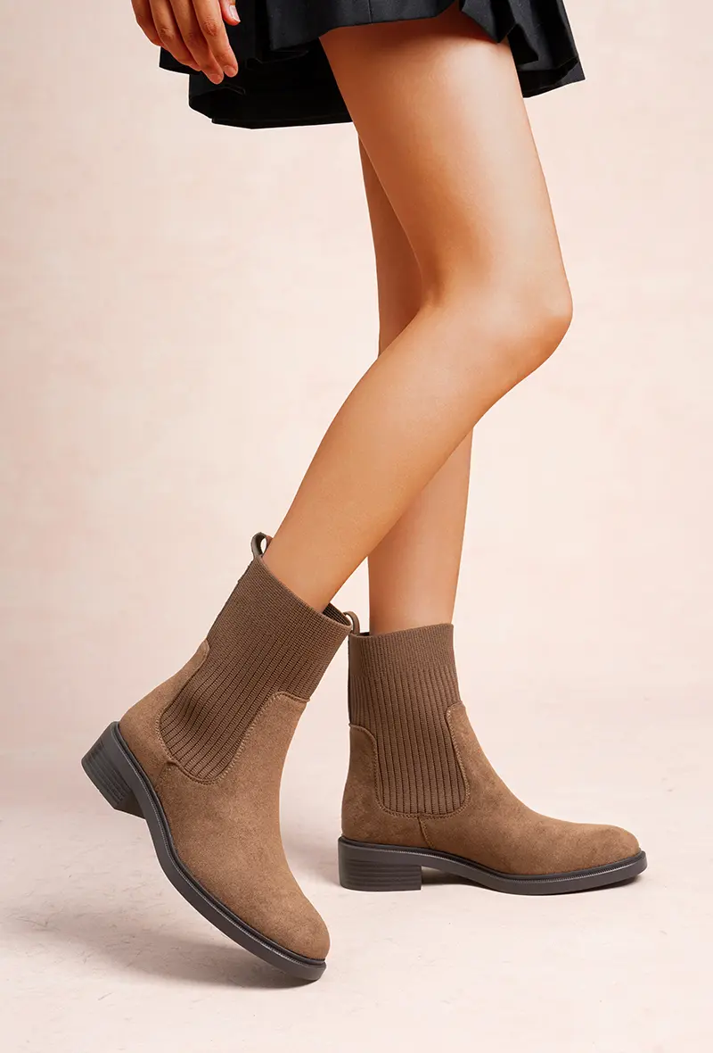 Sock-style ankle boots made of biomaterial in suede/faux leather and ribbed knit (Ref: F6985)