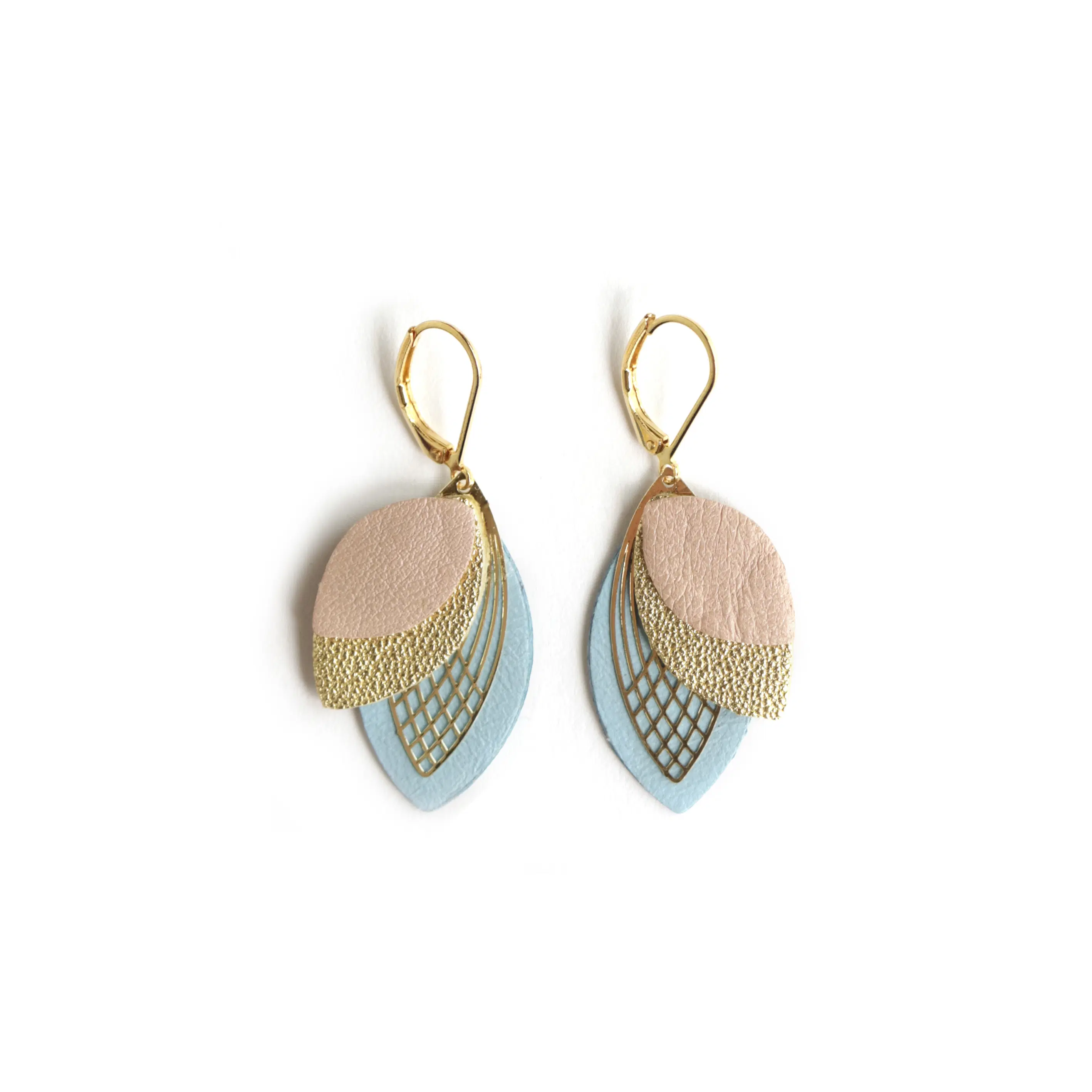 Petal Earrings - Nude Pink Leather, Gold, Sky Blue