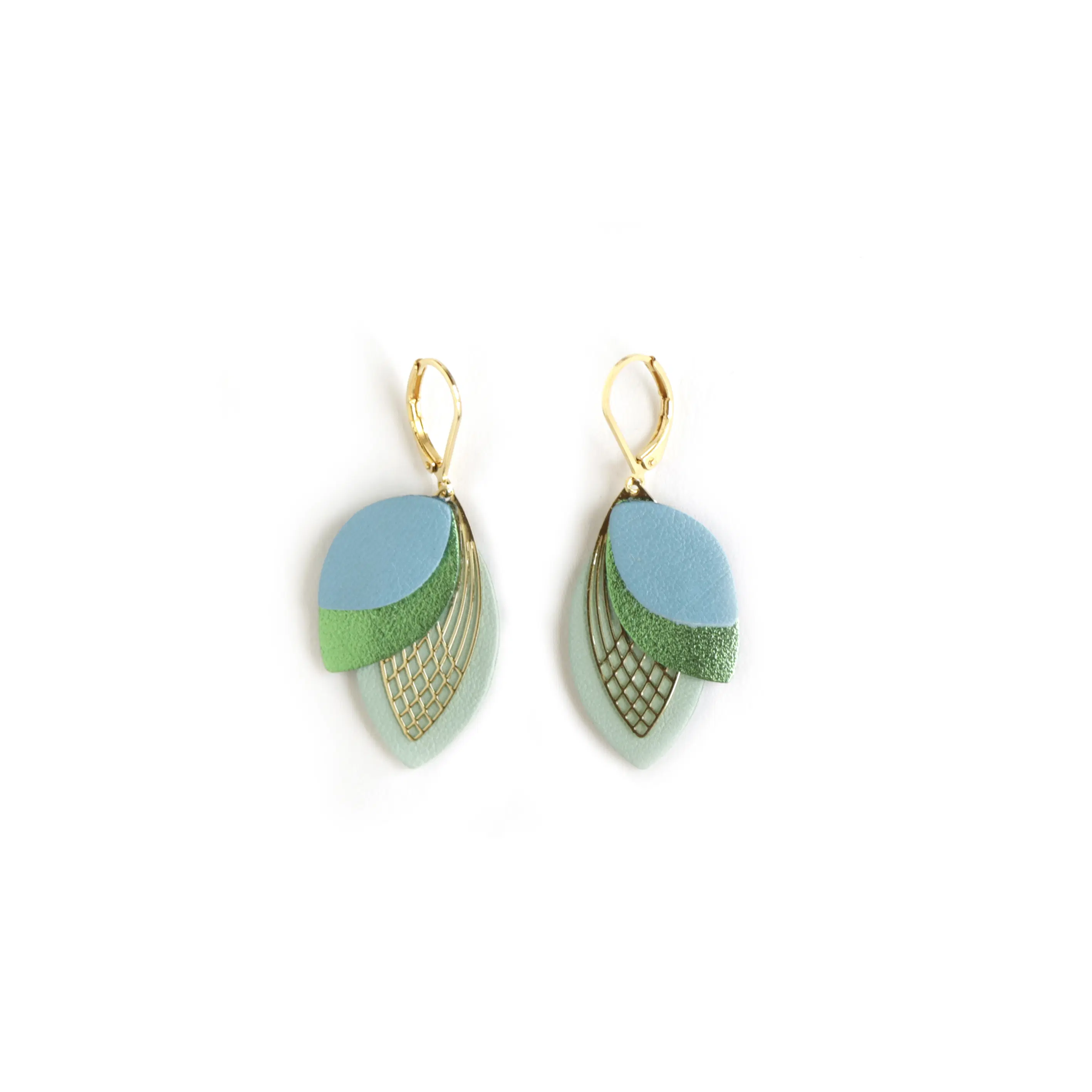 Petal Earrings - Blue Leather, Metallic Green, Jade