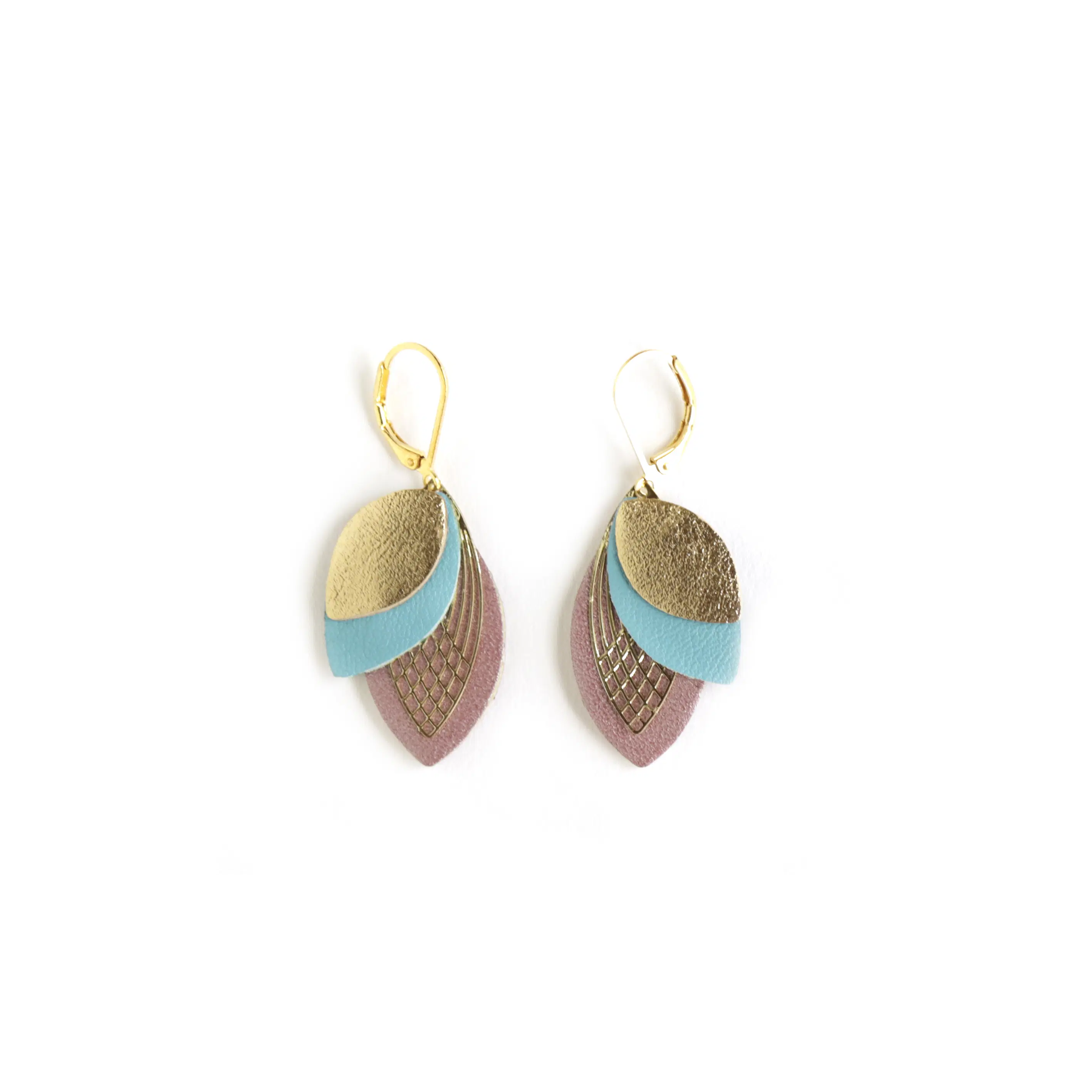 Petal Earrings - Gold Leather, Pearly Pink-Gray Blue