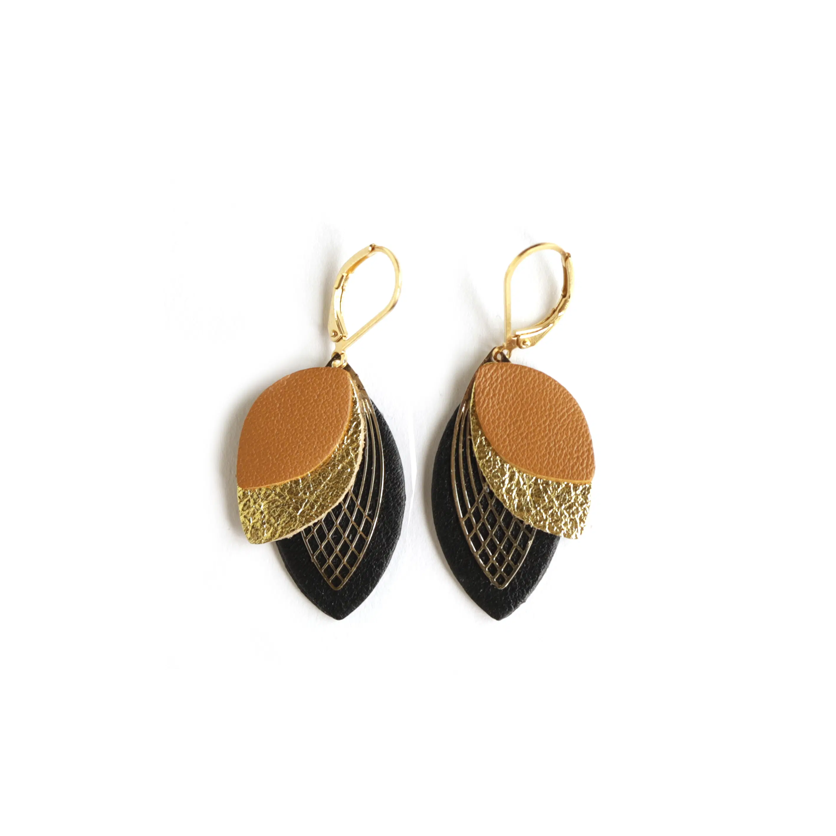 Petal Earrings - Brown Leather, Gold, Black