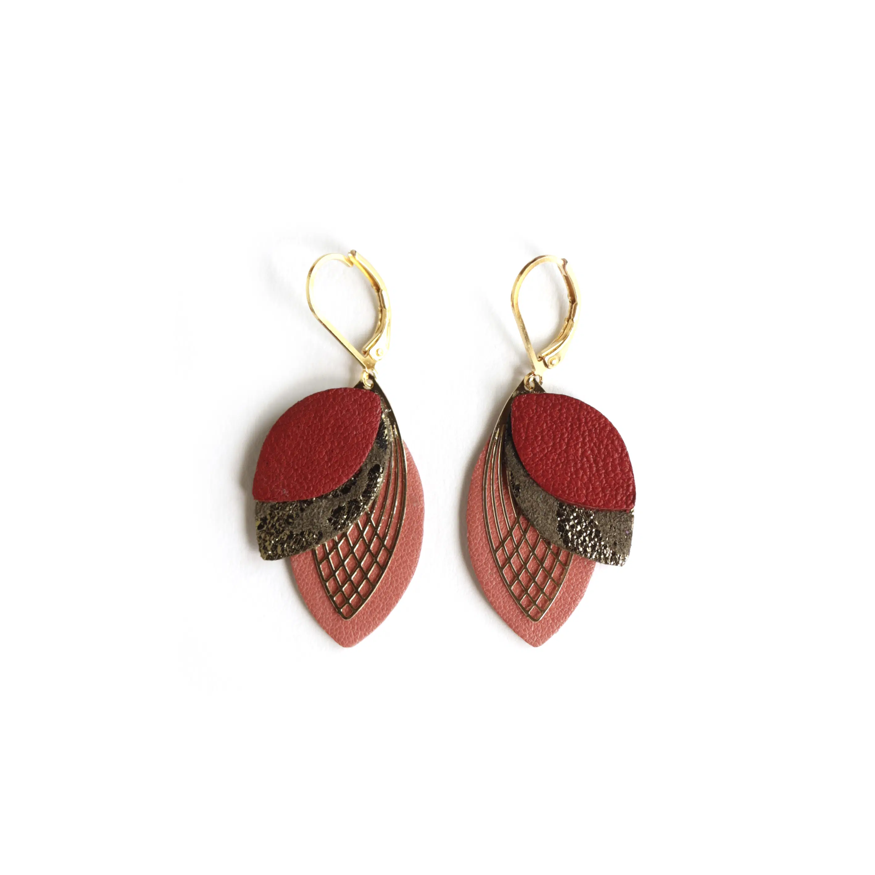 Petal Earrings - Red, Brown, and Dark Pink Leather