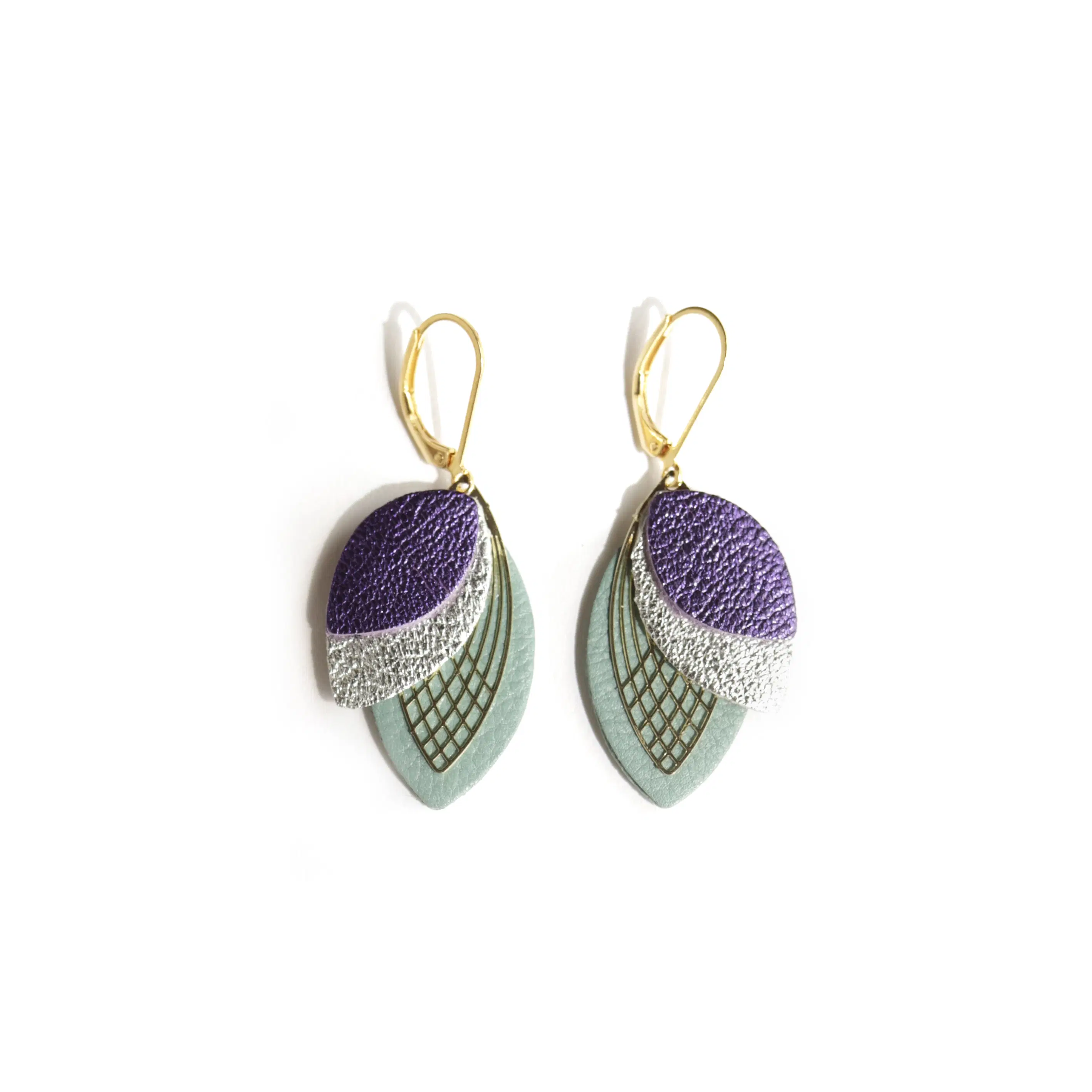 Petal Earrings - Purple Leather, Metal, Silver, Blue