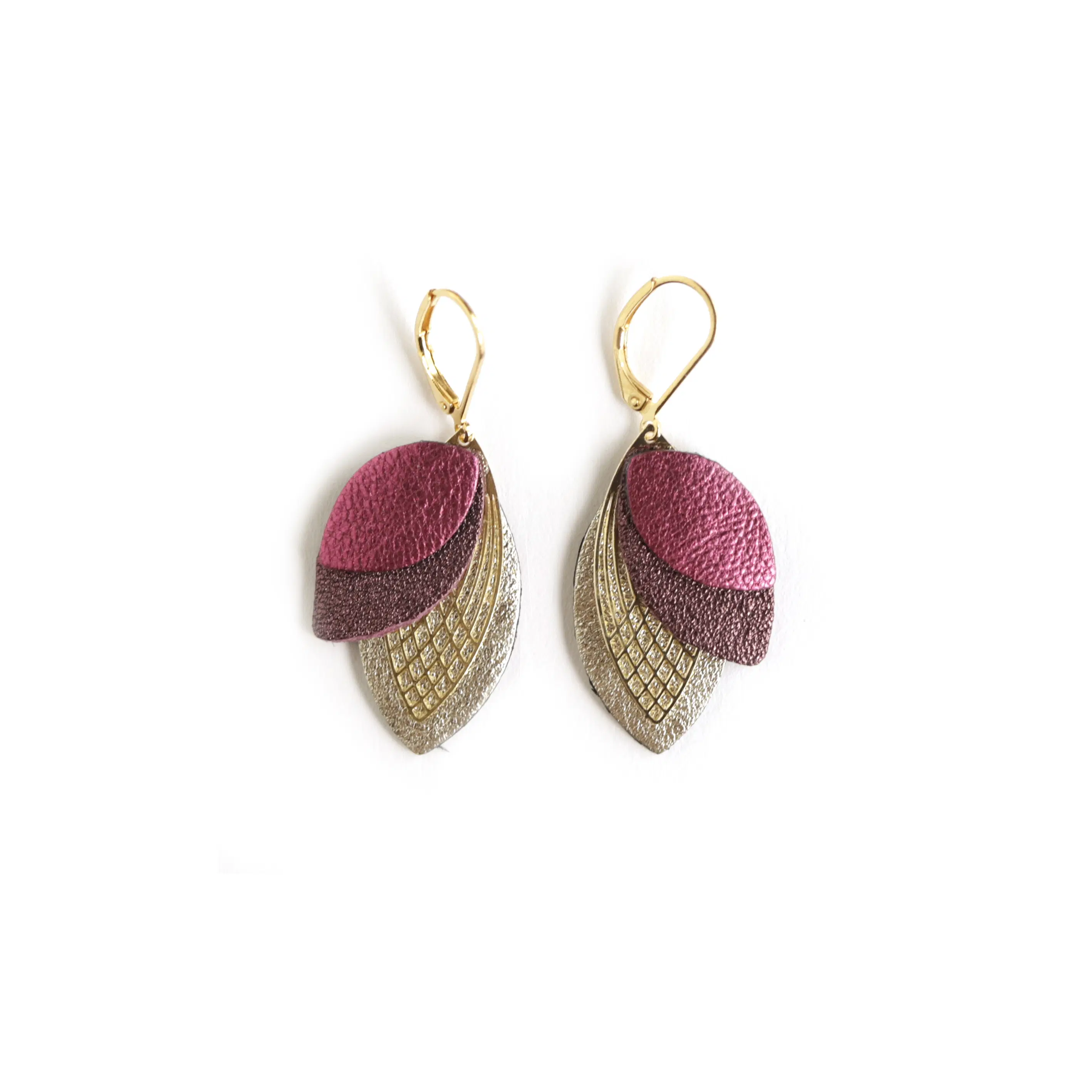 Petal Earrings - Raspberry Violet Platinum Leather