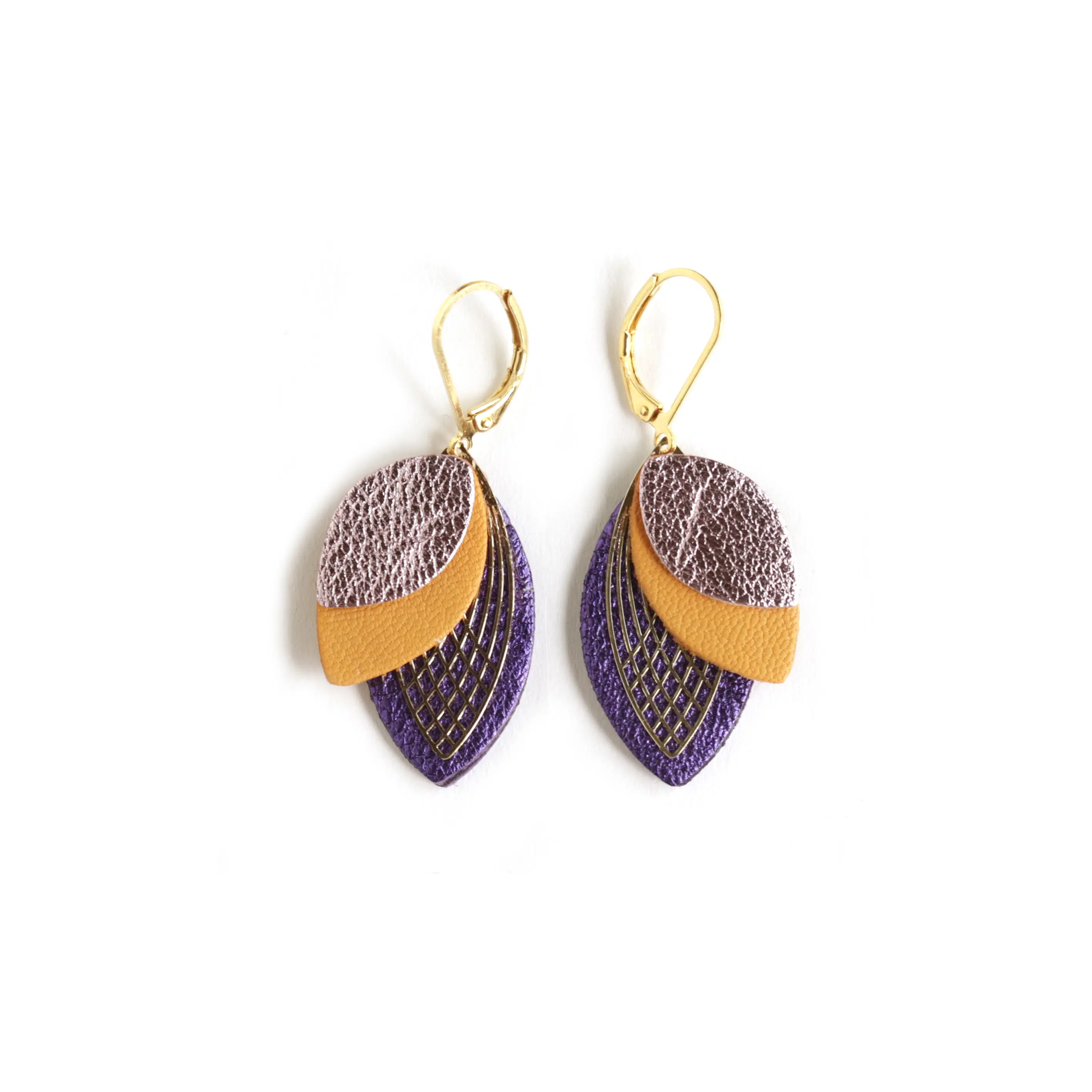 Petal Earrings - Pink Leather, Metal, Orange, Purple