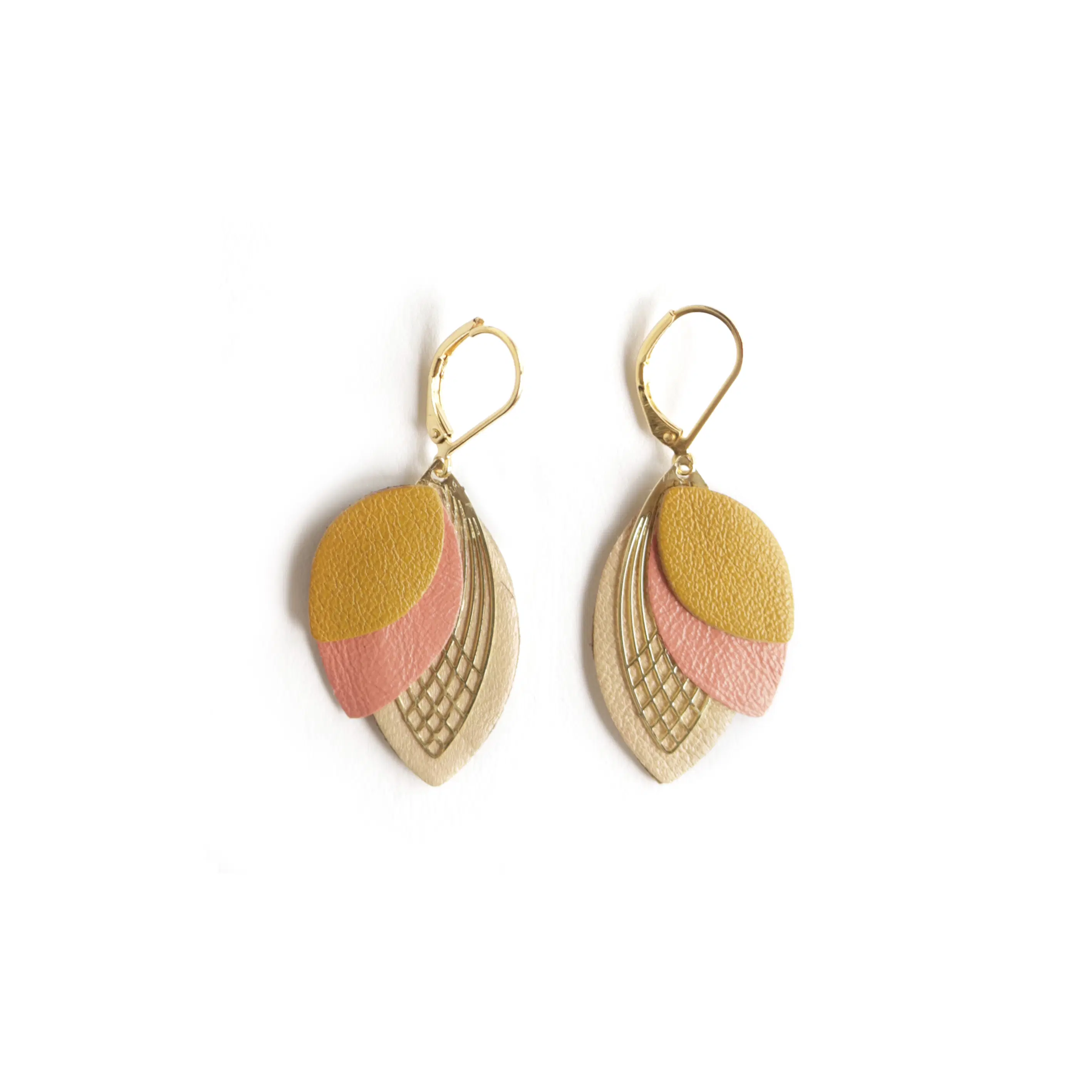 Petal Earrings - Leather Ochre Yellow, Pink, Pearly