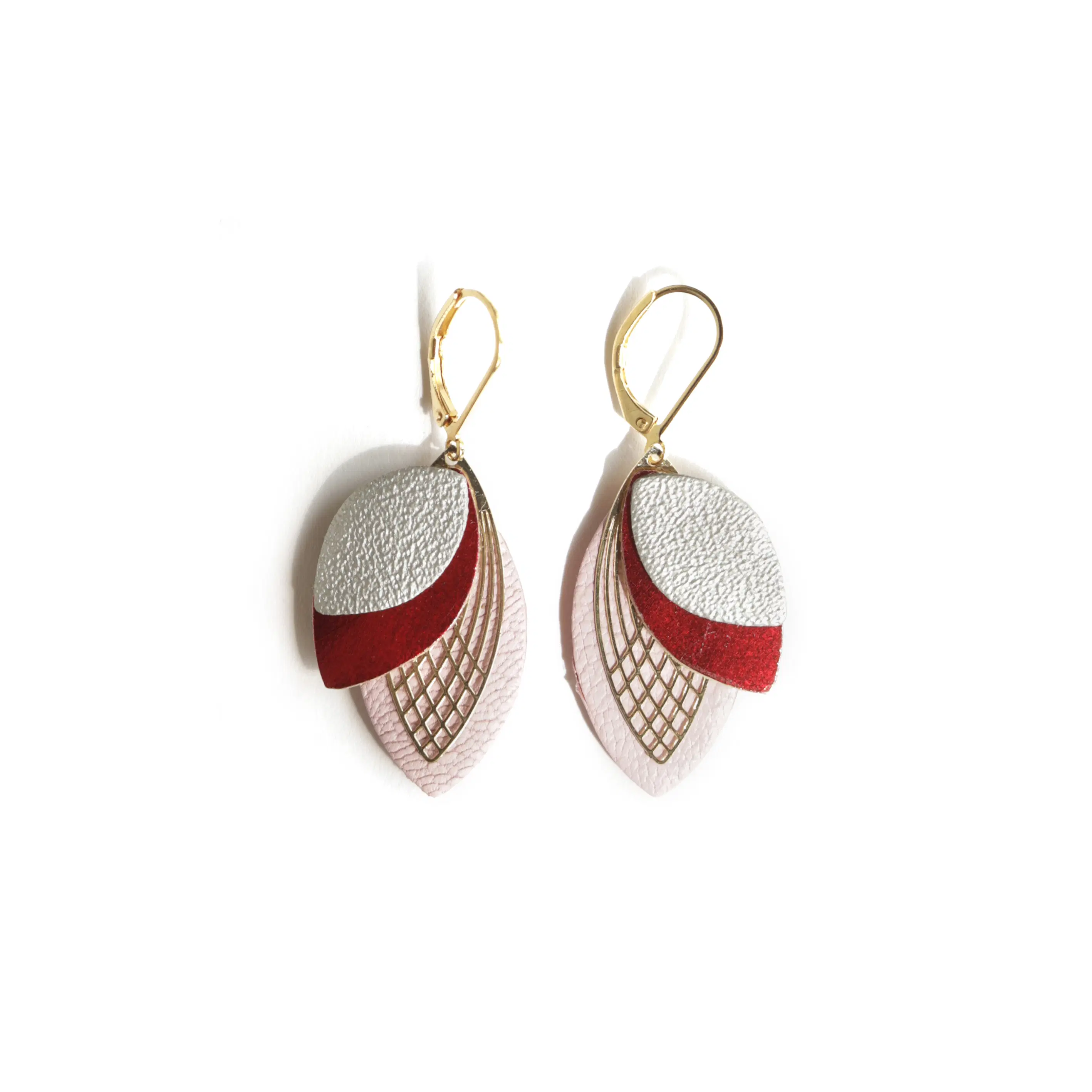 Petal Earrings - Silver Leather, Metal Red, Pink