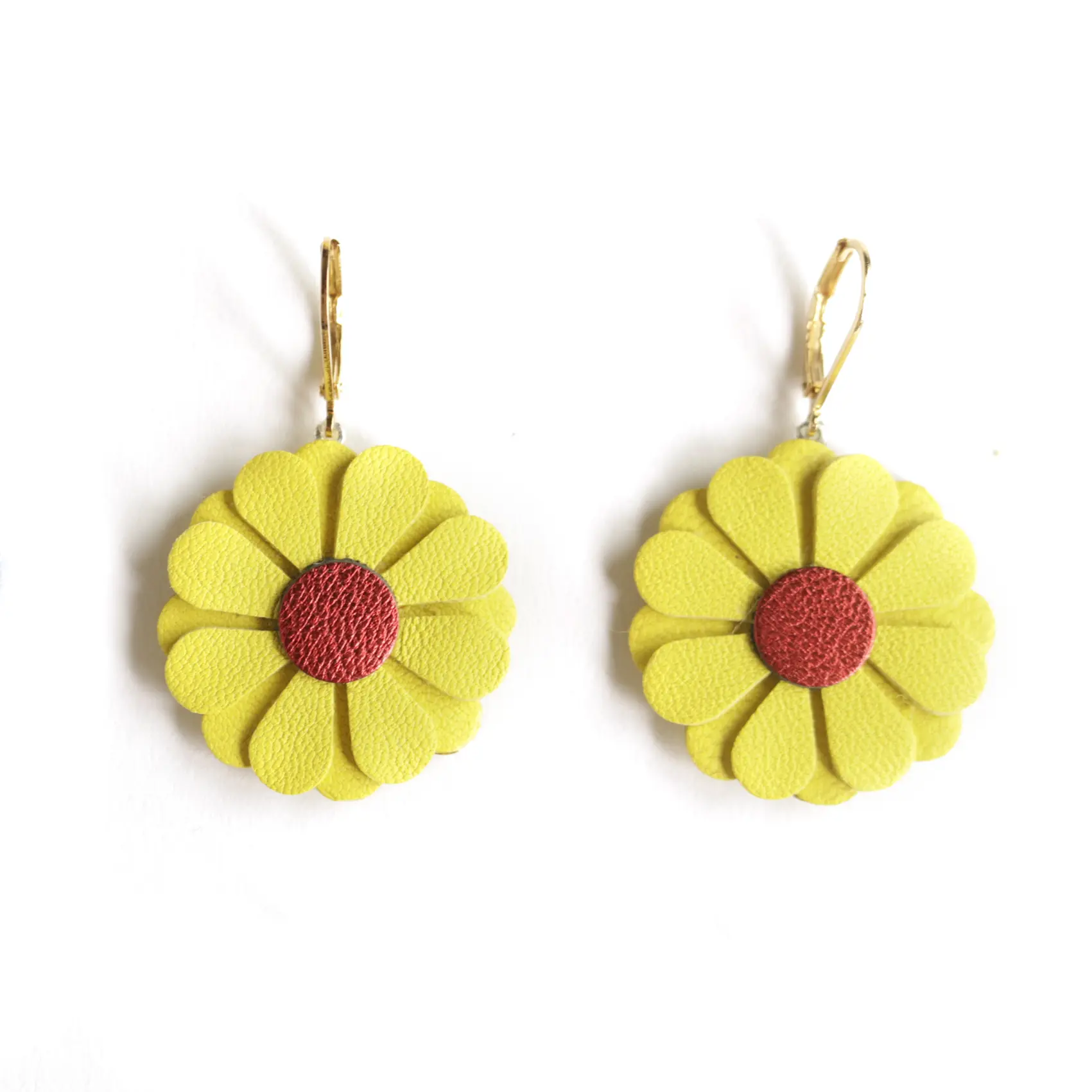 Daisy Earrings - Yellow Leather, Metallic Red