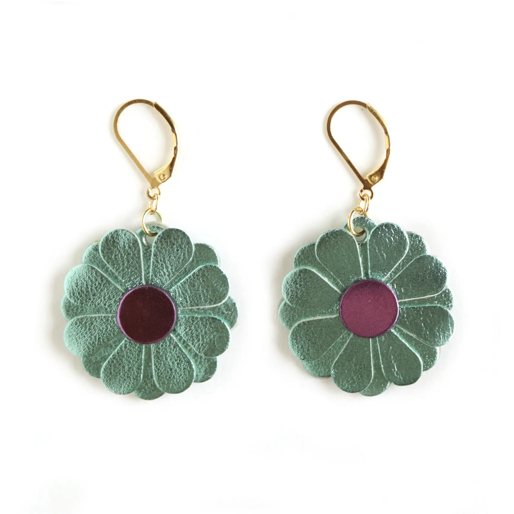 Daisy Earrings - Turquoise Leather, Purple Metal