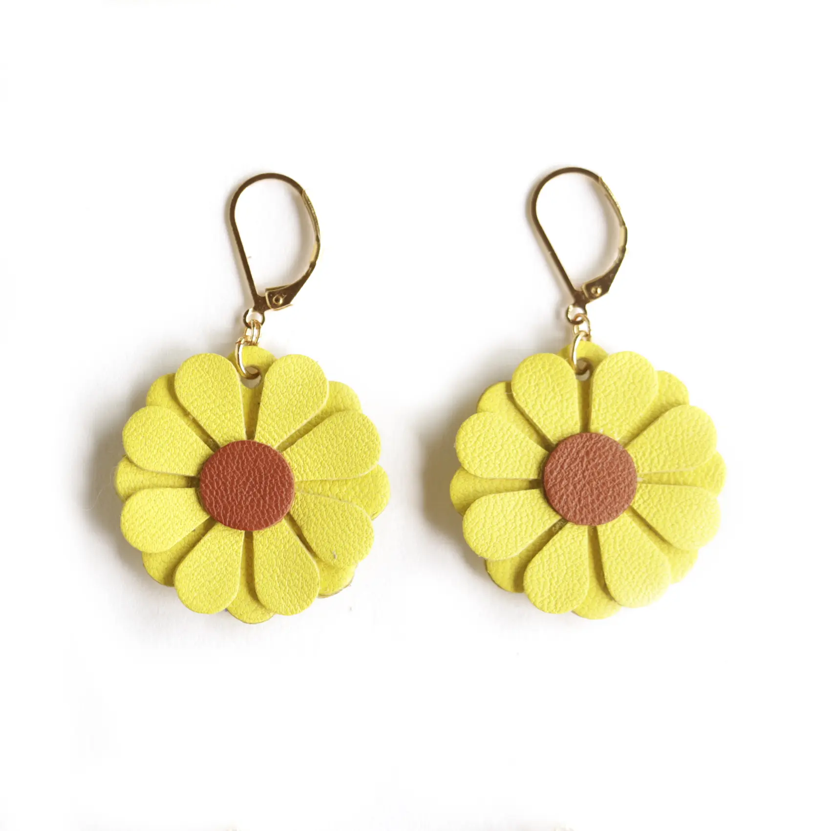 Daisy Earrings - Yellow Brown Leather