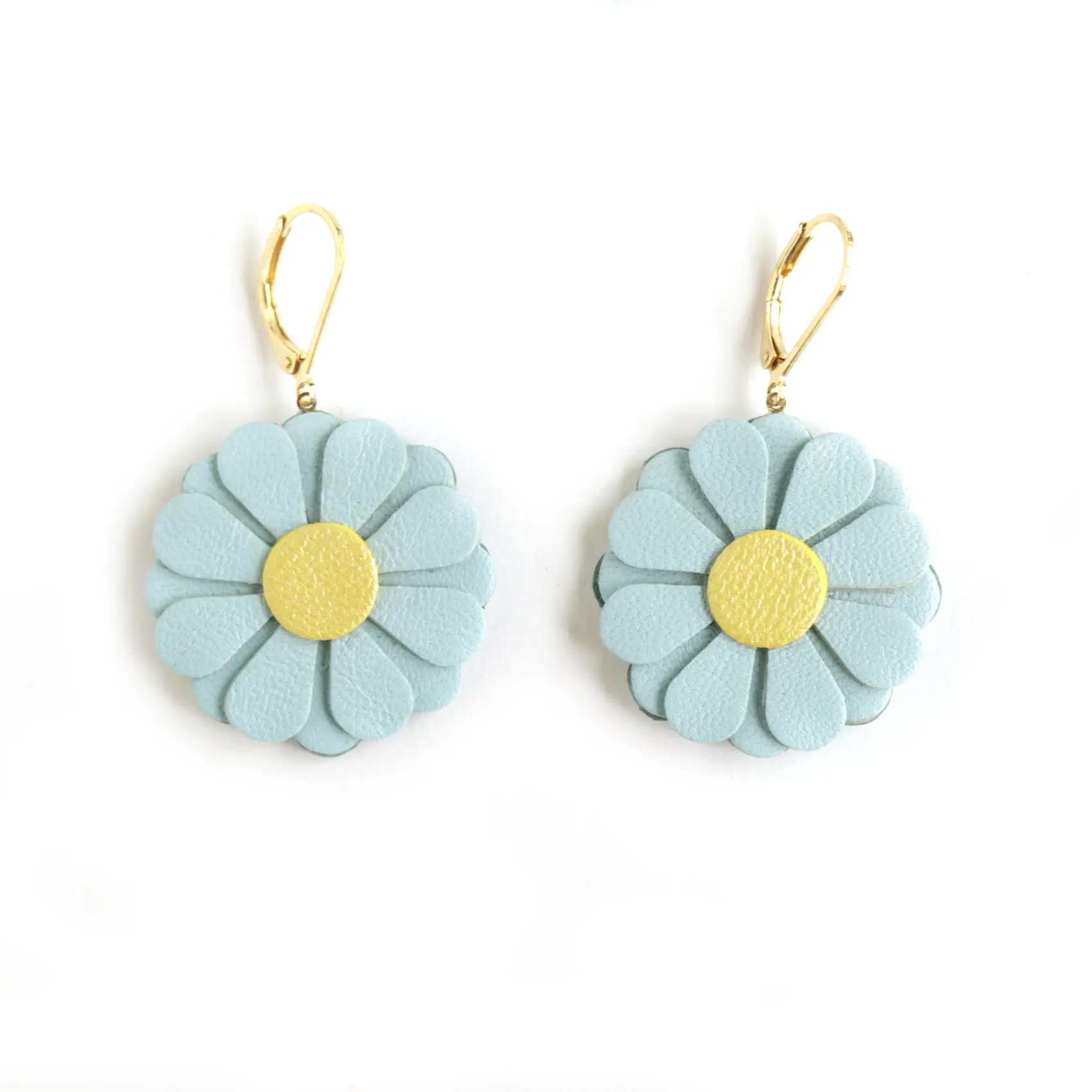 Daisy Earrings - Light Turquoise Leather, Yellow