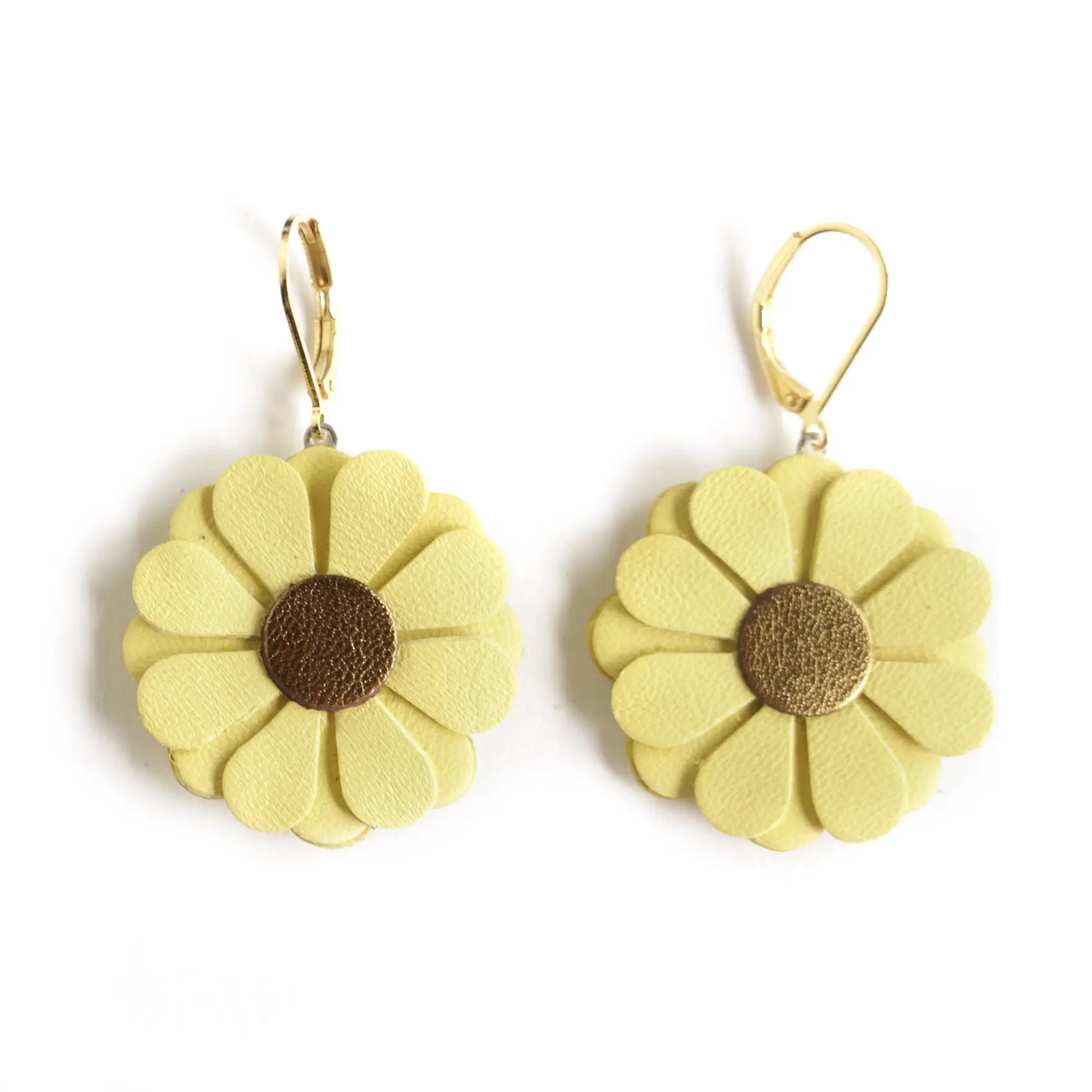 Daisy Earrings - Yellow Leather, Bronze