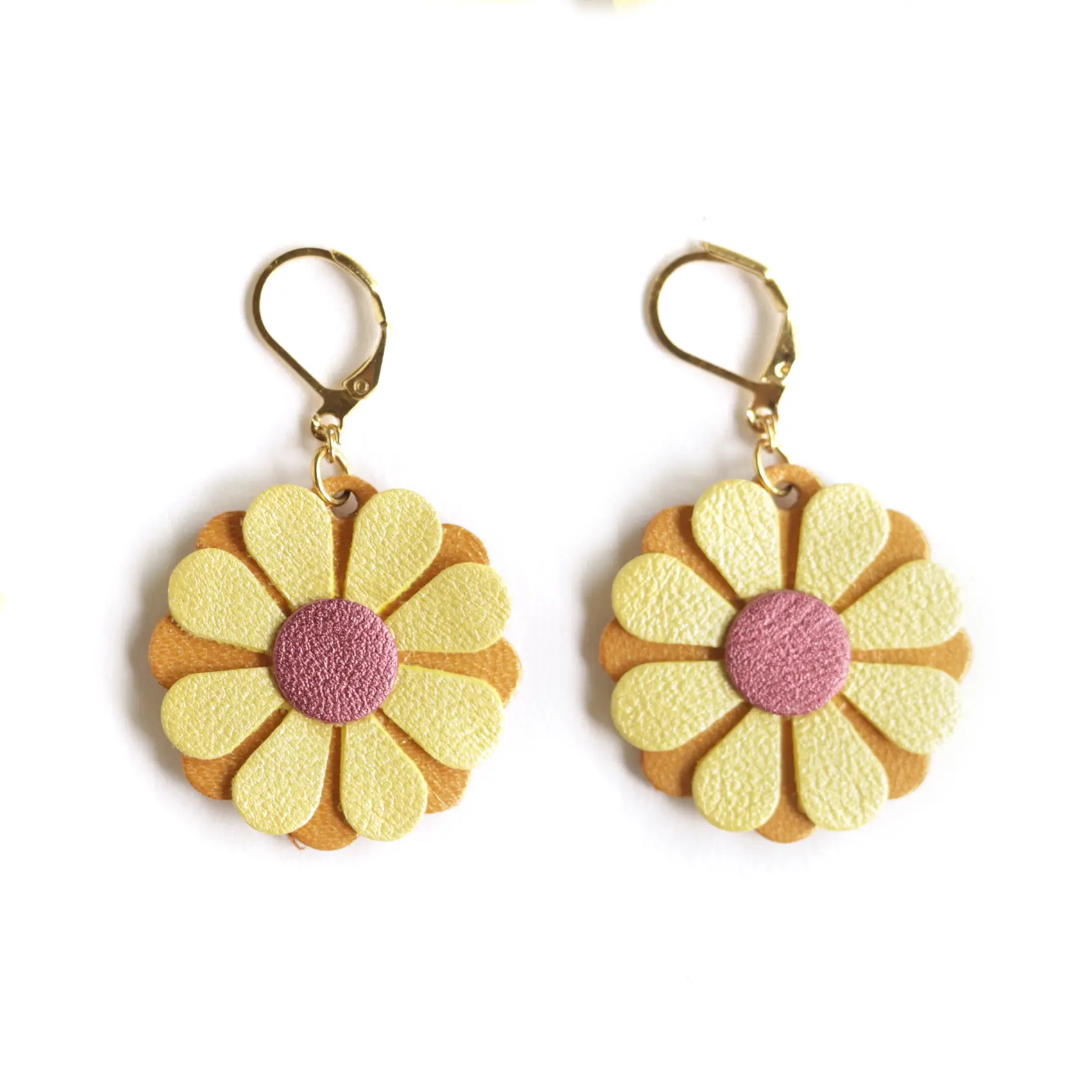 Daisy Earrings - Pearly Yellow Leather, Raspberry