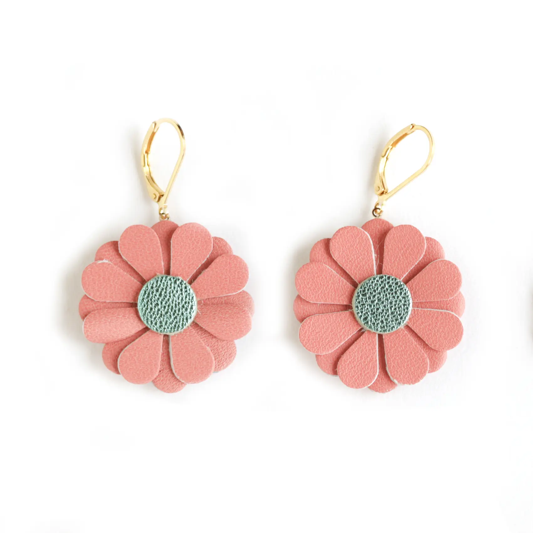 Daisy Earrings - Bright Pink Leather, Turquoise