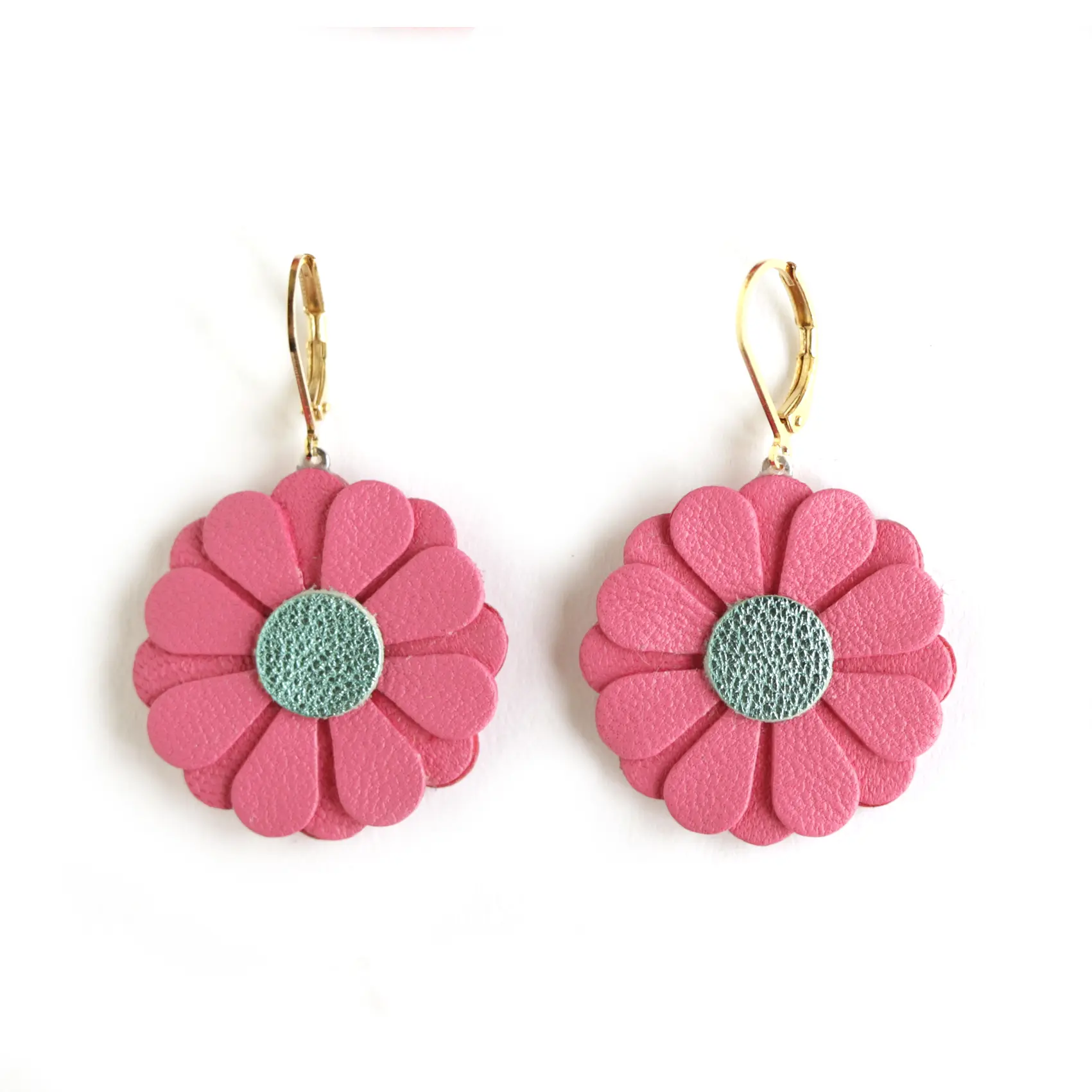 Daisy Earrings - Pink Fuchsia Turquoise Leather