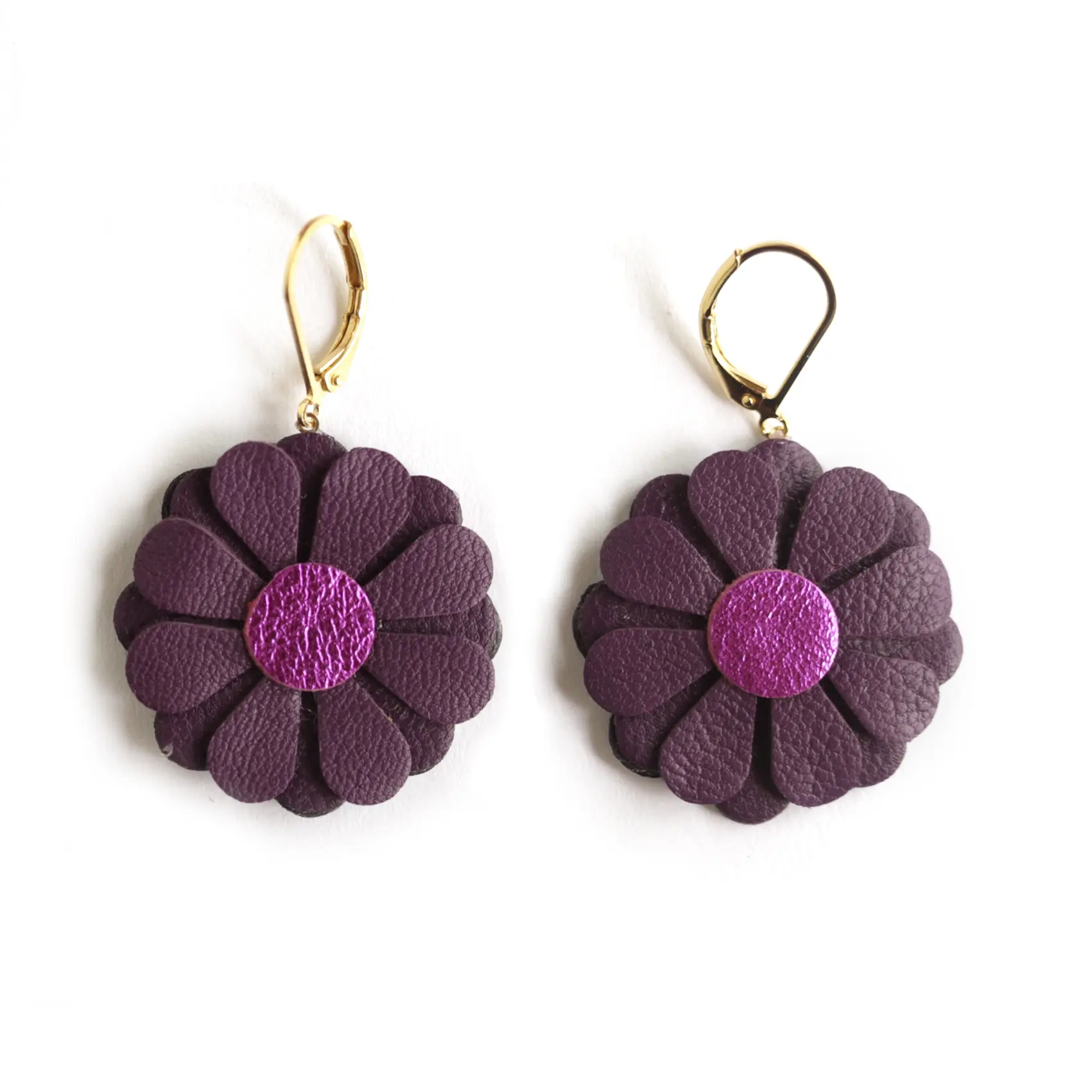 Daisy Earrings - Purple Leather, Fuchsia