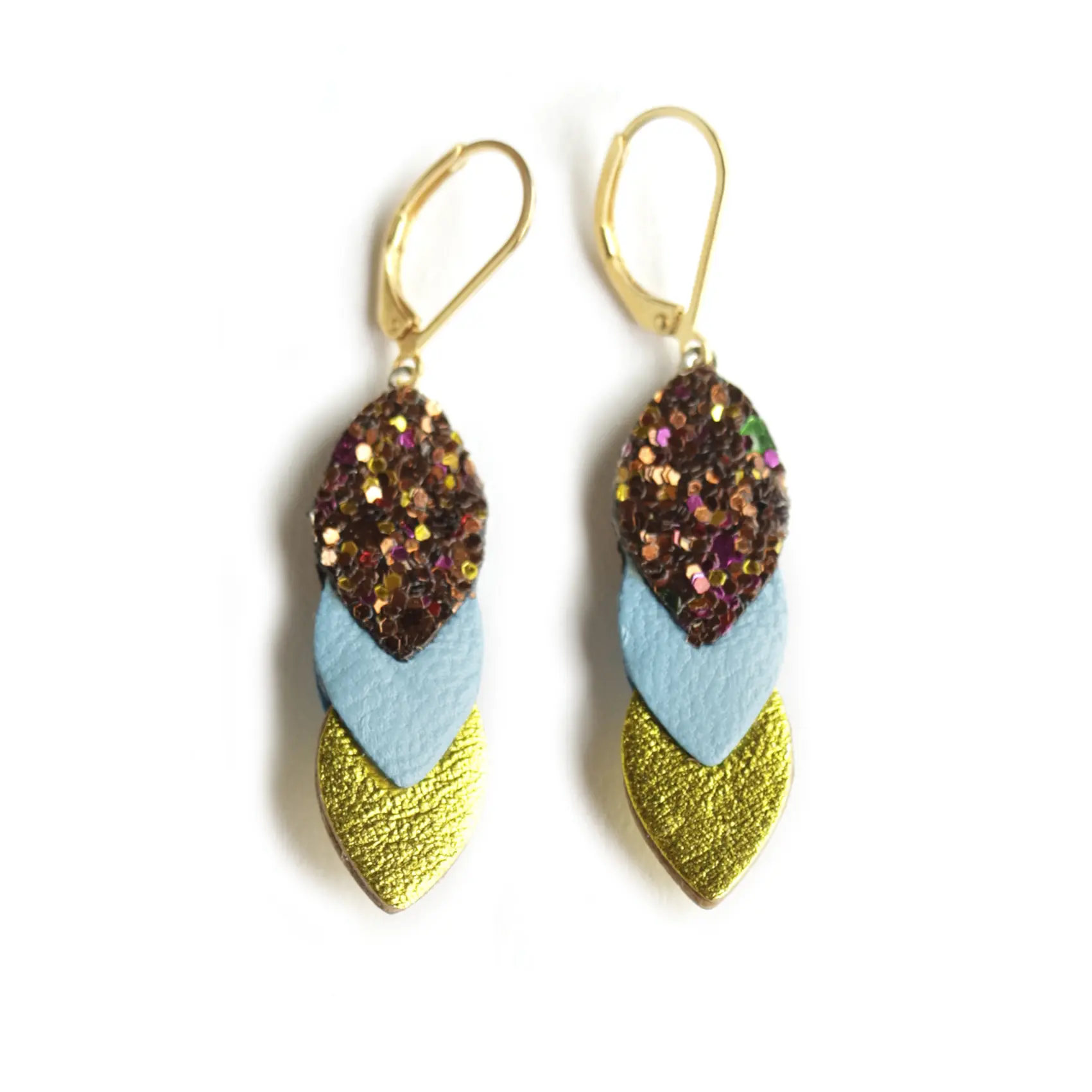 Sequin Leather Earrings, Blue, Chartreuse