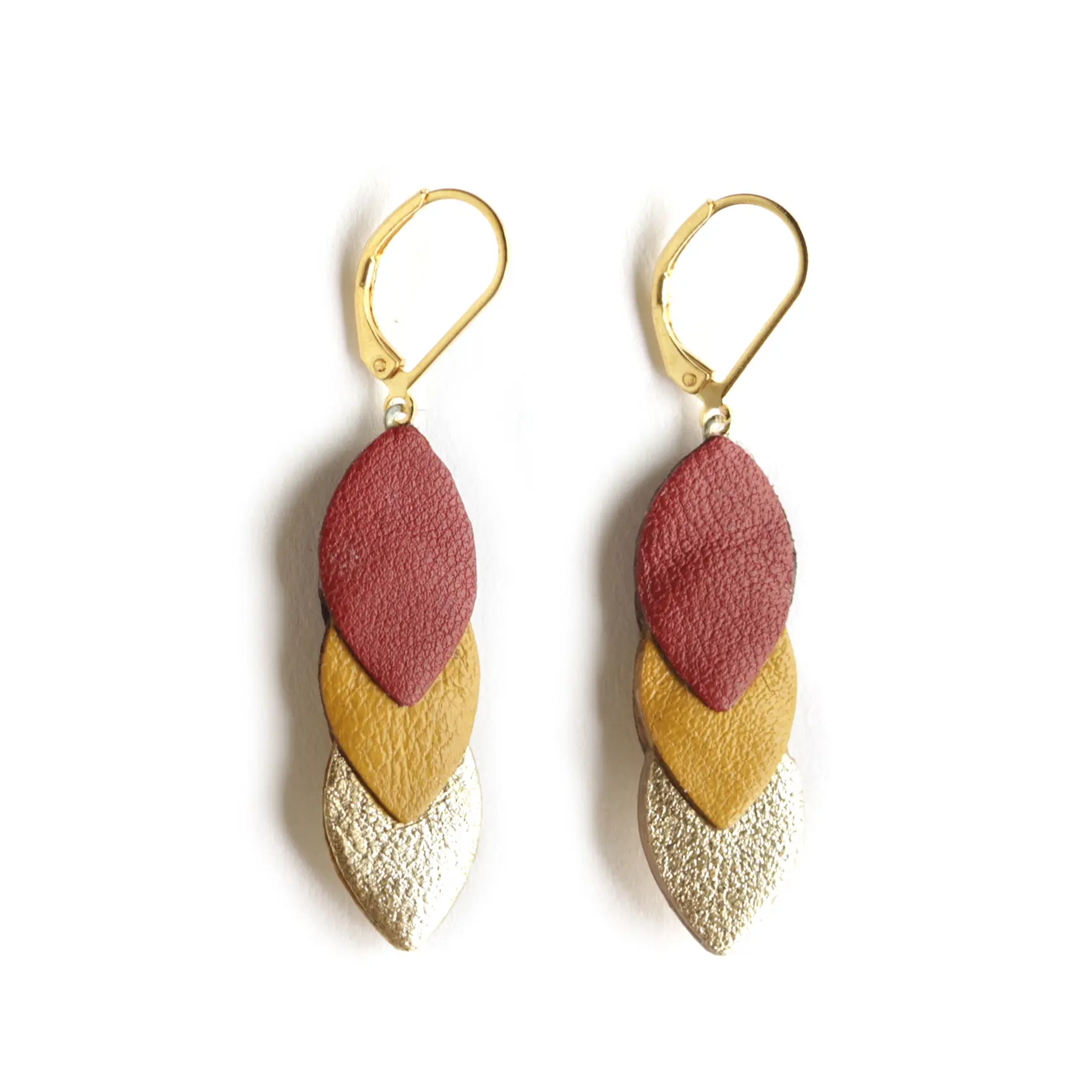 Sequin Earrings in Burgundy, Ochre, and Gold Leather