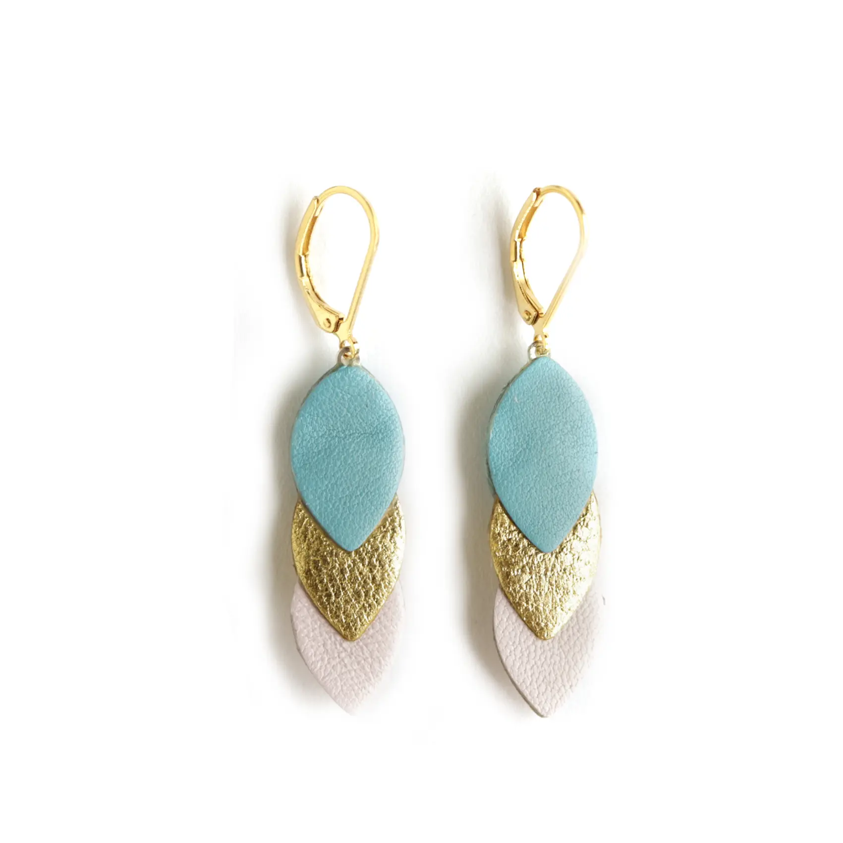 Sequin Earrings in Pool Blue, Gold, and Pink Leather