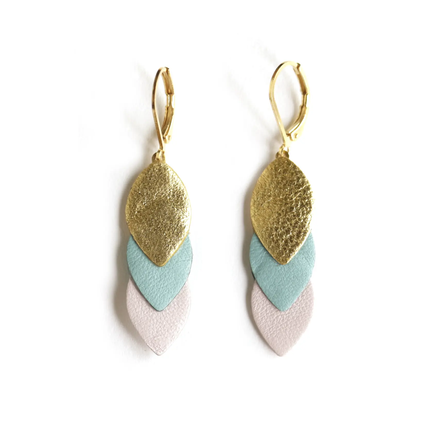 Sequin Earrings in Gold, Blue, and Pink Leather