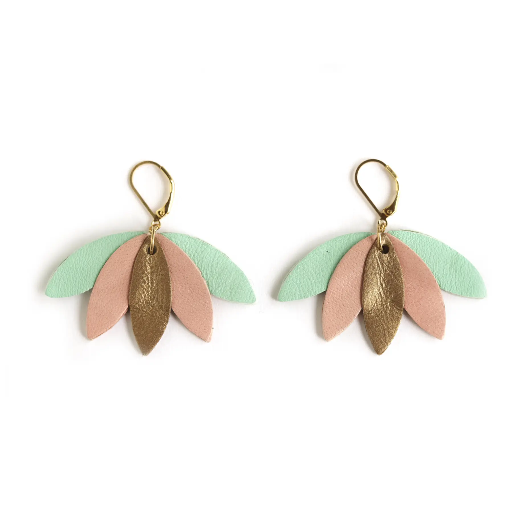 Palm Tree Earrings in Mint Green, Pink, and Bronze Leather