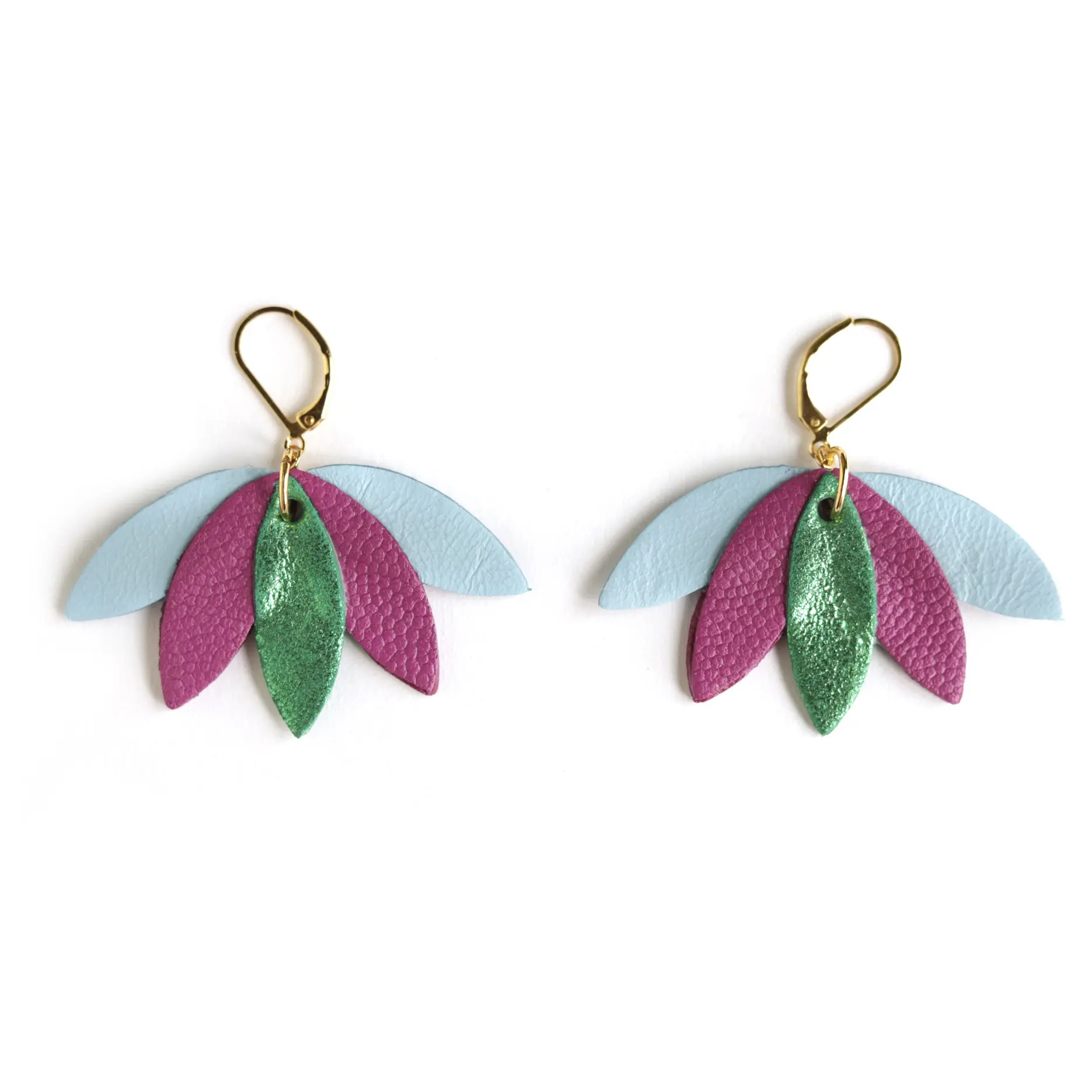 Palm tree earrings in sky blue, purple, and green leather