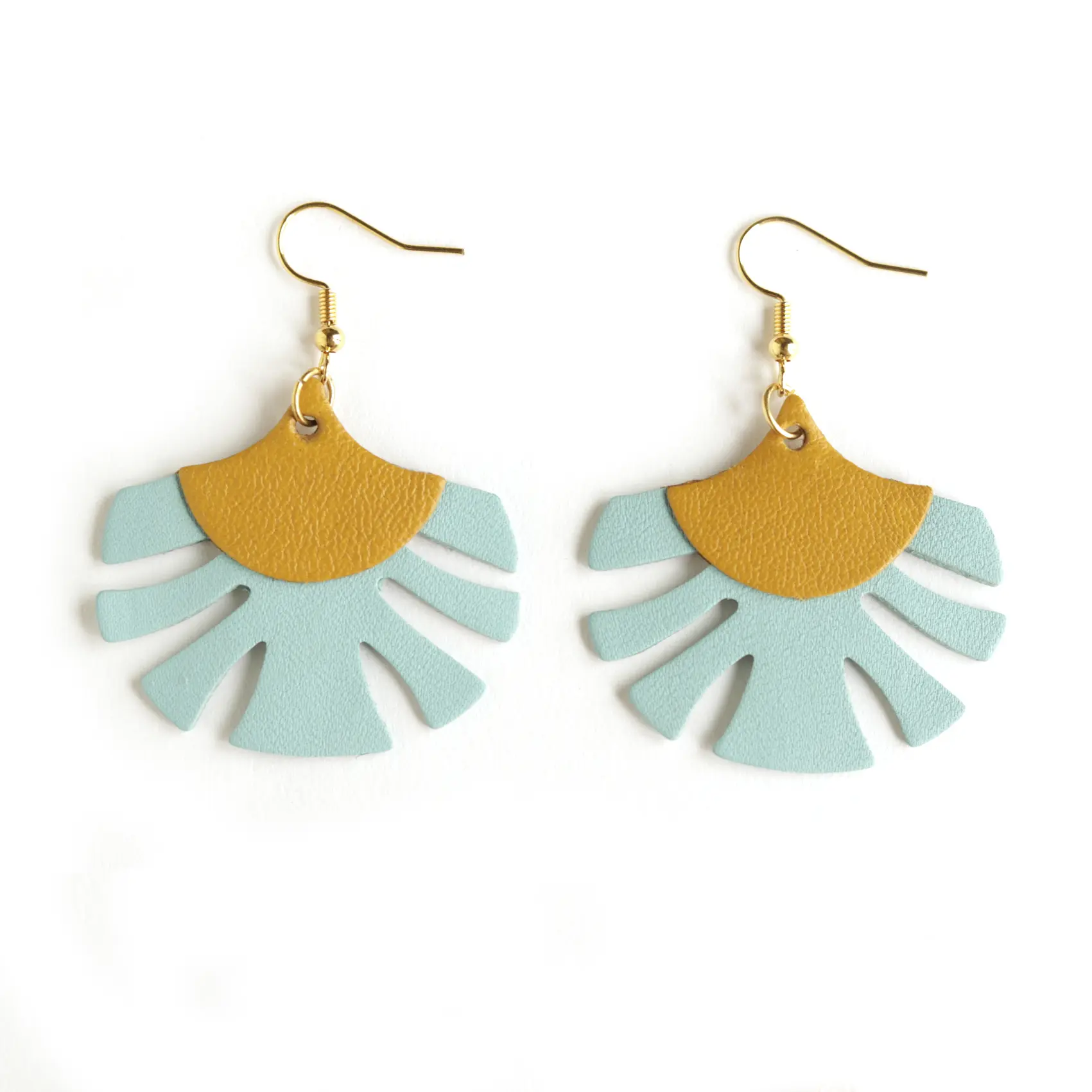 Palm Earrings - Ochre Yellow, Light Blue Leather