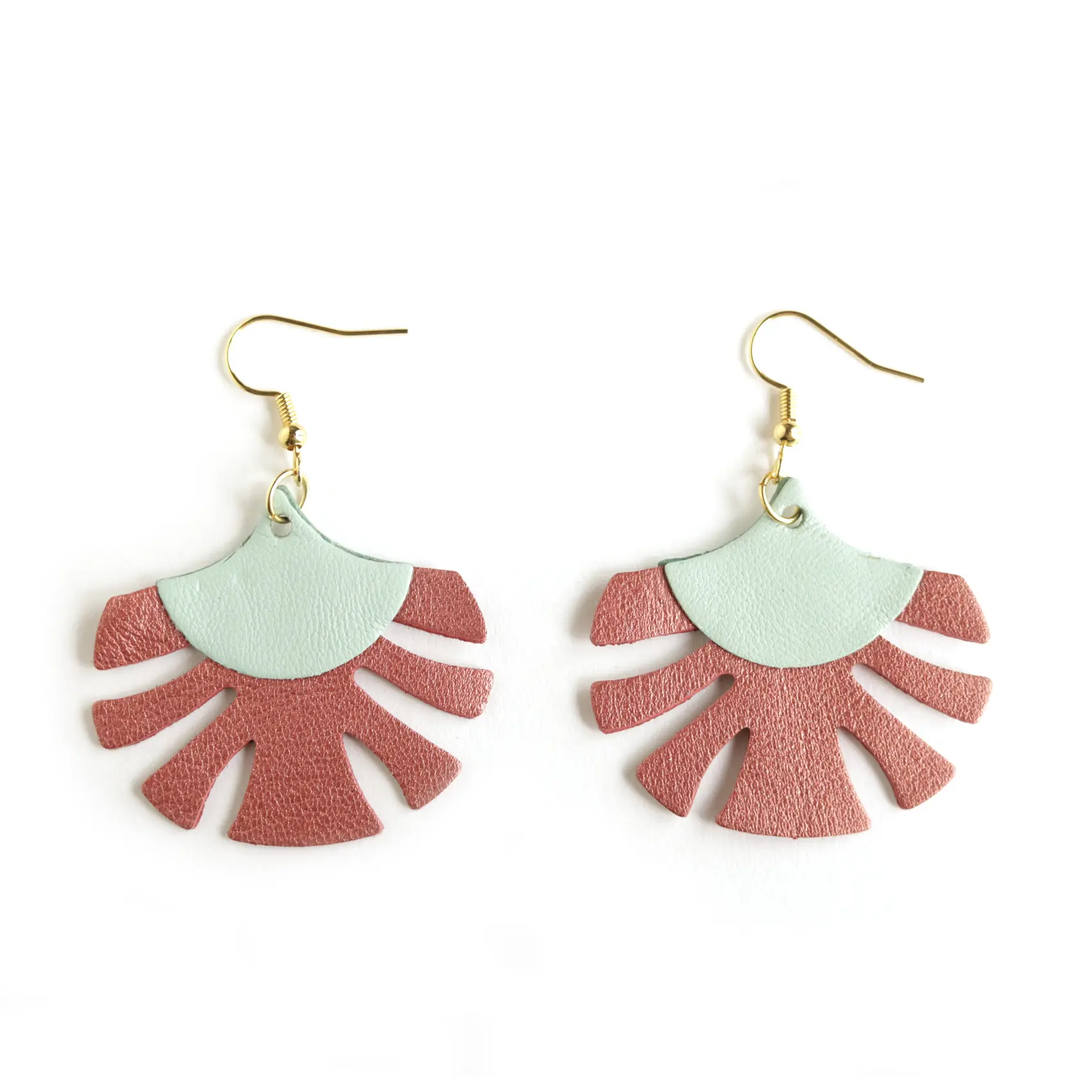 Palm Earrings - Light Turquoise Leather, Copper Red