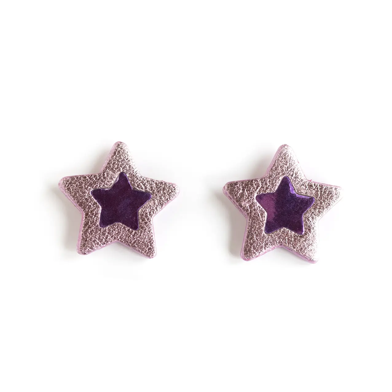 Star Stud Earrings - Pink Leather, Metallic Purple