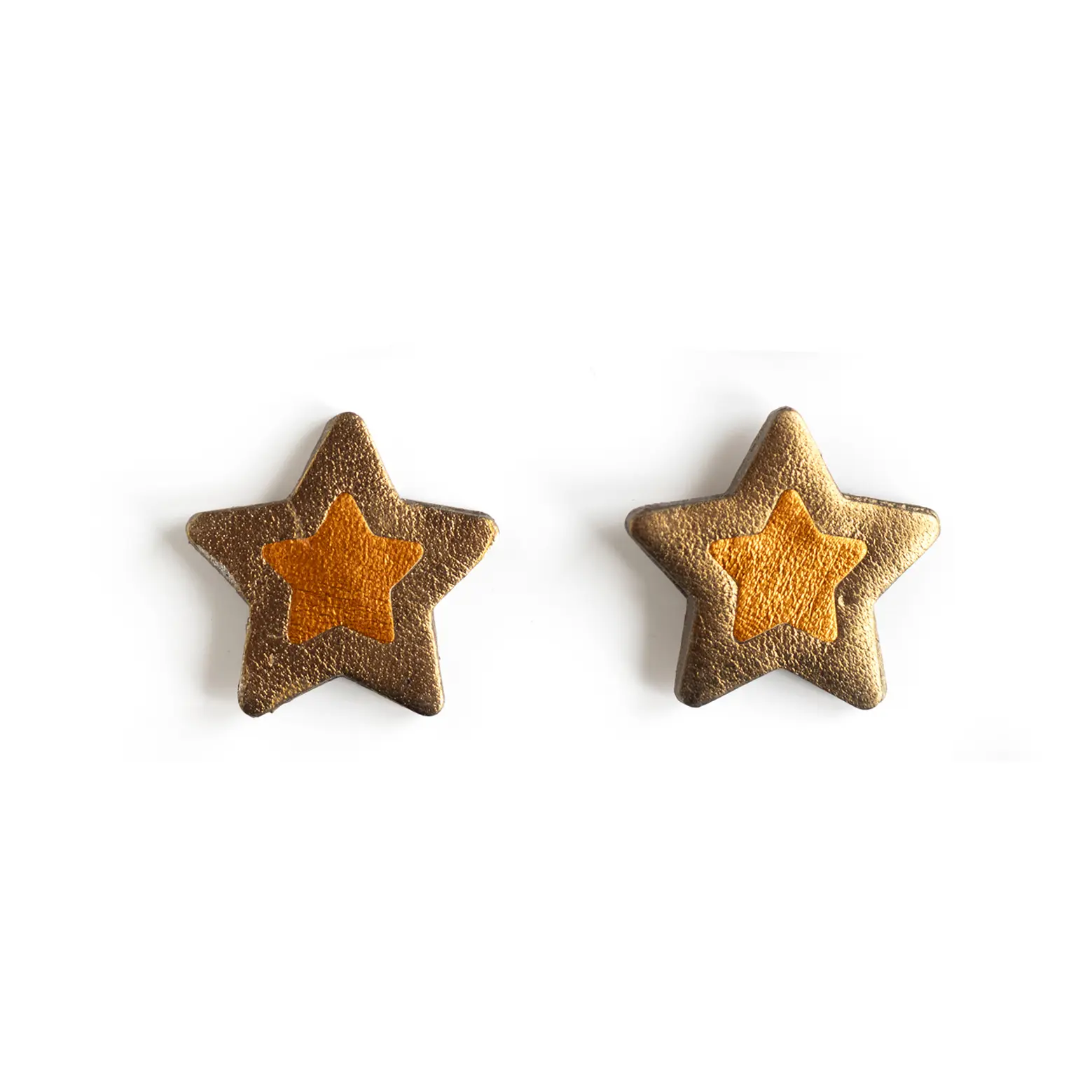 Star Stud Earrings - Bronze Orange Leather and Metal