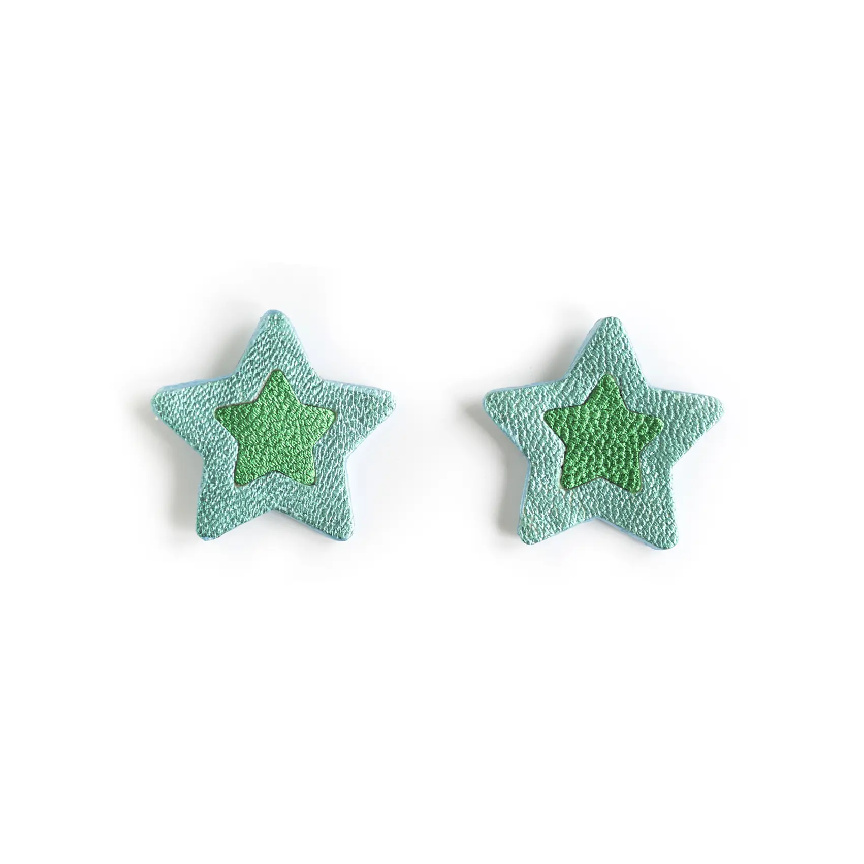 Star Stud Earrings - Metallic Turquoise Green Leather