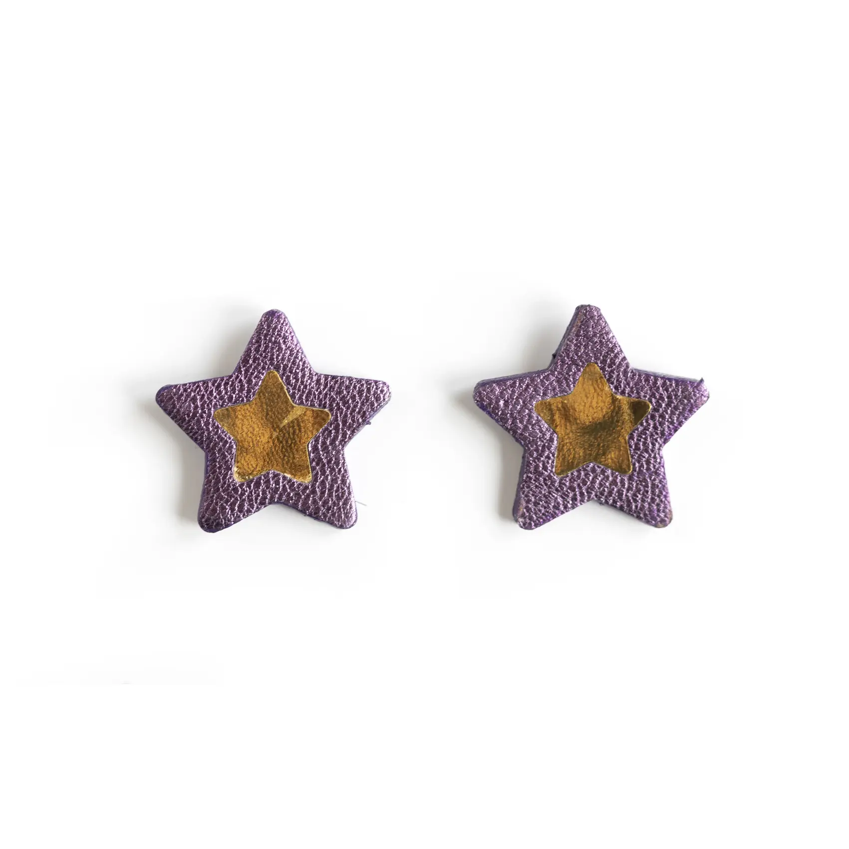 Gold Purple Leather Star Stud Earrings