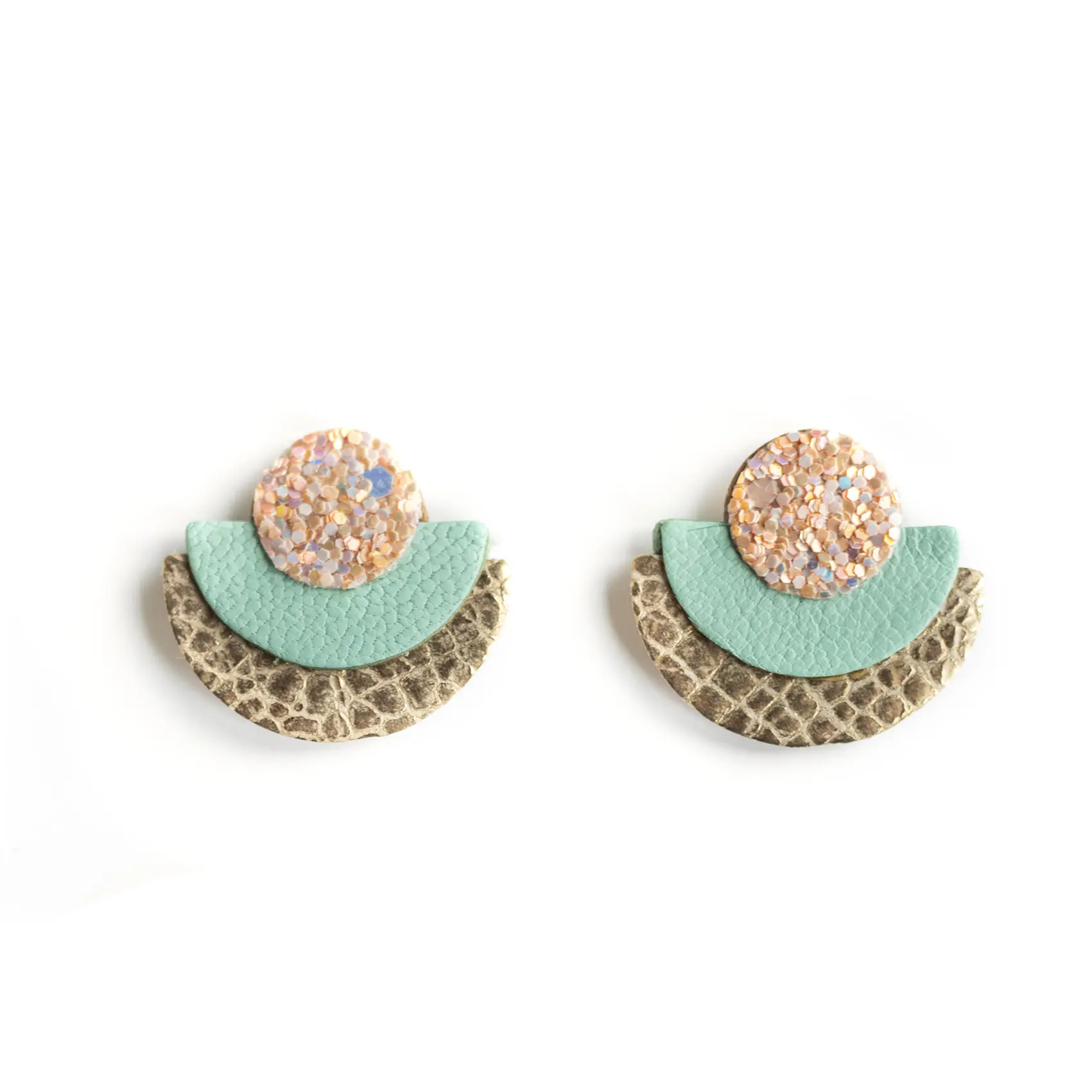 Pink Leather Half-Circle Stud Earrings with Sequins