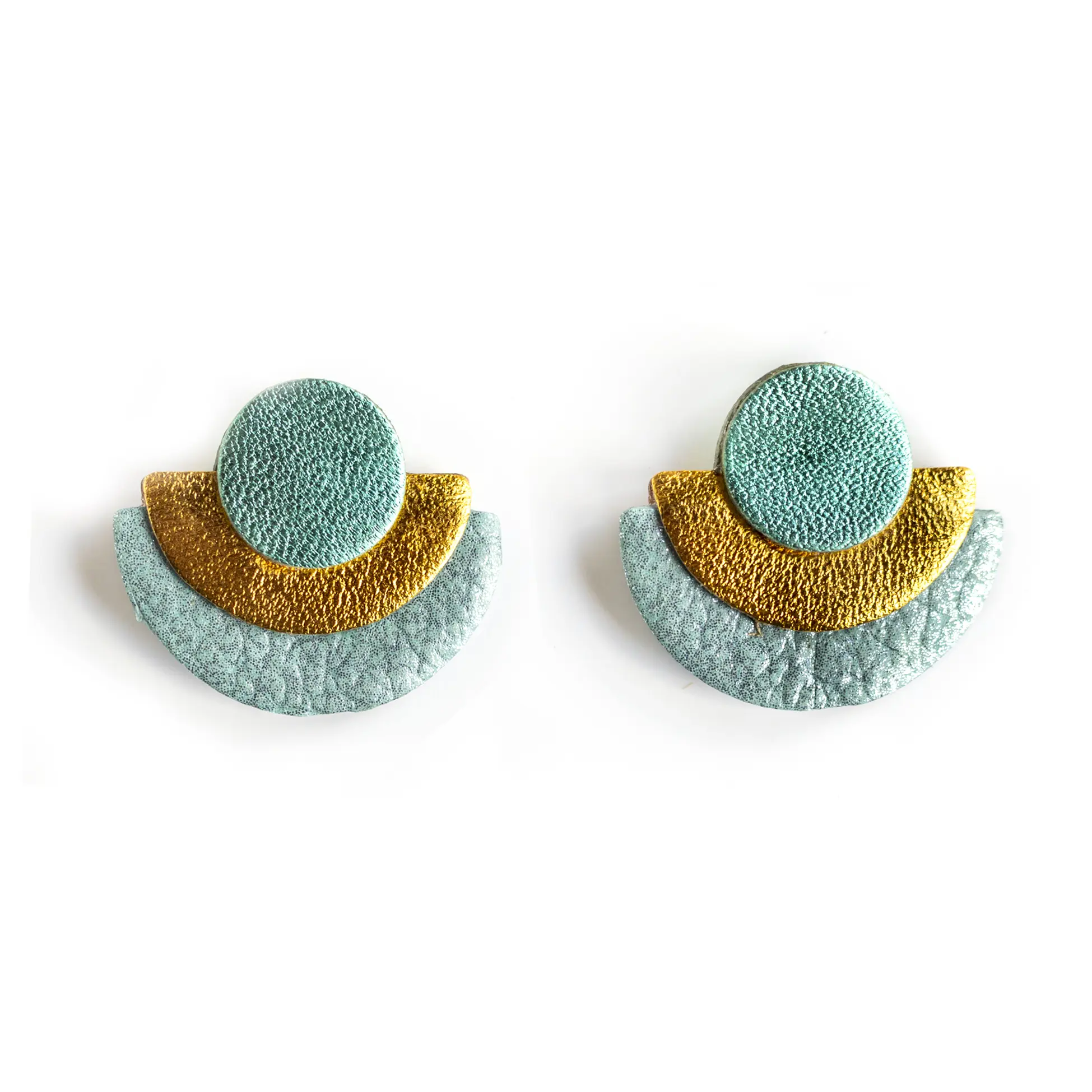 Stud Earrings, Half-Circle, Leather, Turquoise, Gold, Blue